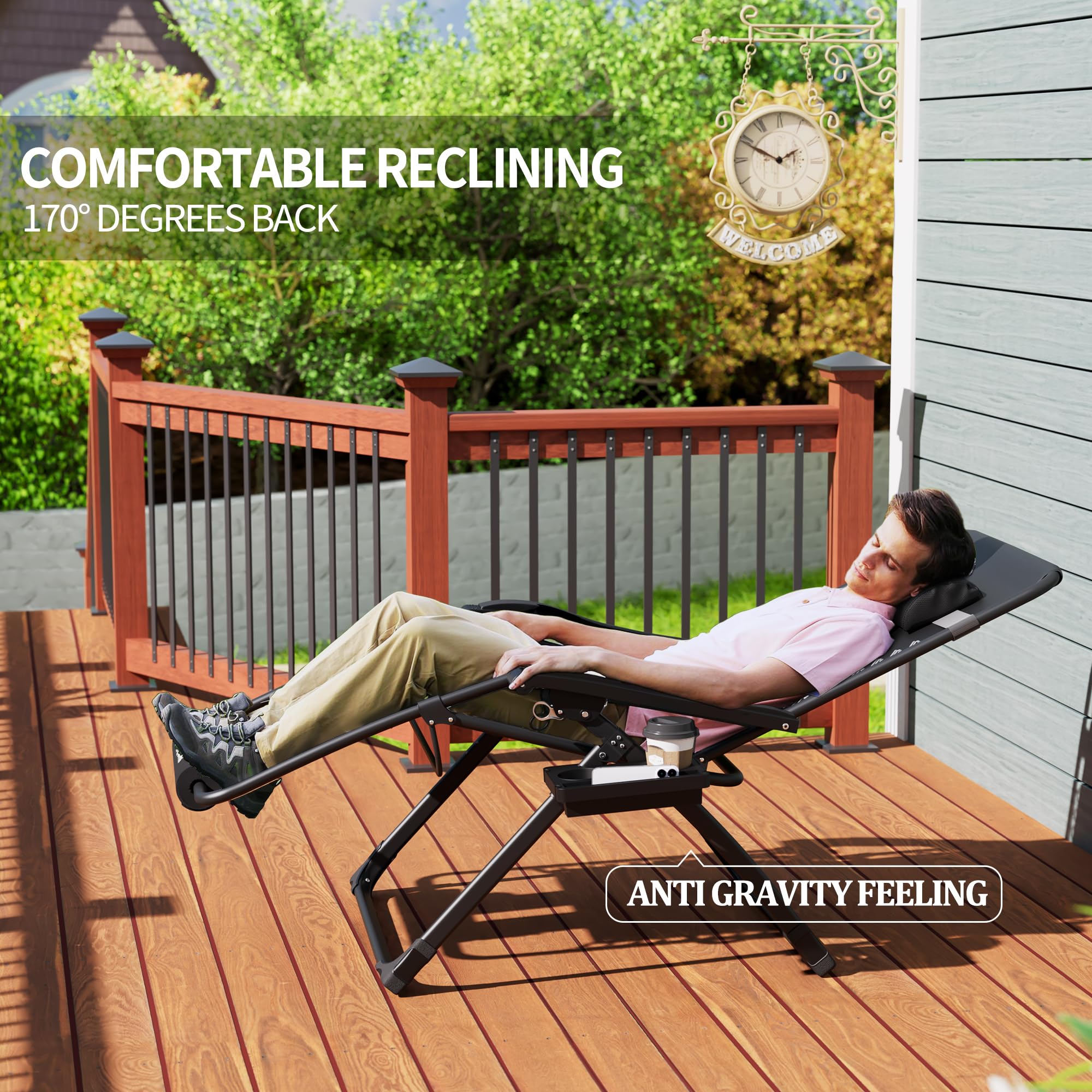 UDPATIO Oversized Zero Gravity Chair 29In XL Patio Reclining Chair with Cushion - Heavy Duty 500LB Capacity Outdoor Folding Adjustable Recliner with Cup Holder, Foot Rest & Padded Headrest - Perfect for Backyard, Poolside, Beach and Camping Relaxation