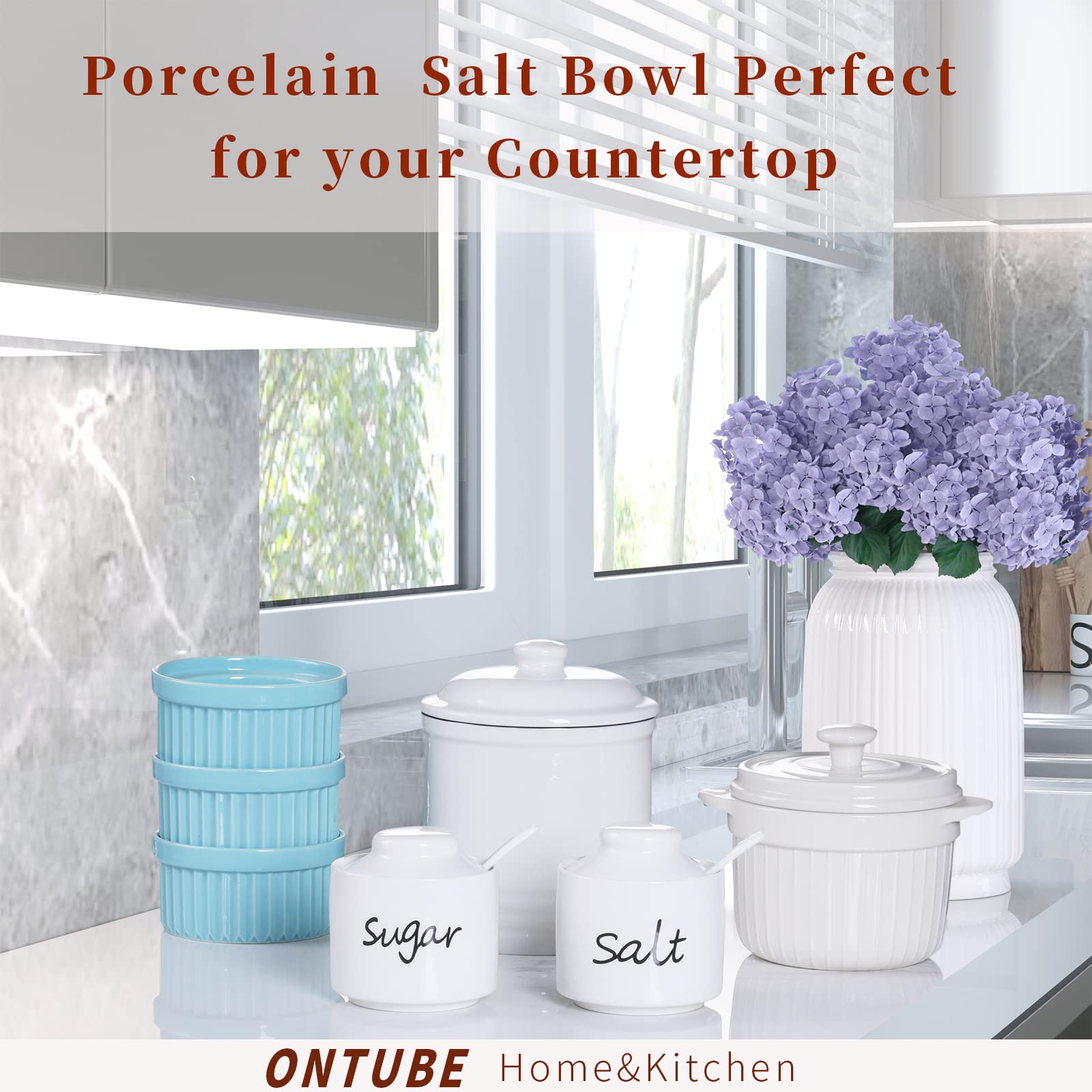 ONTUBE 8 oz Ceramic Sugar and Salt Bowls with Lid & Spoon - Airtight Kitchen Spice Storage Containers for Seasonings, Coffee, Tea | Dishwasher Safe, Elegant White for Countertop & Dining Table Decor