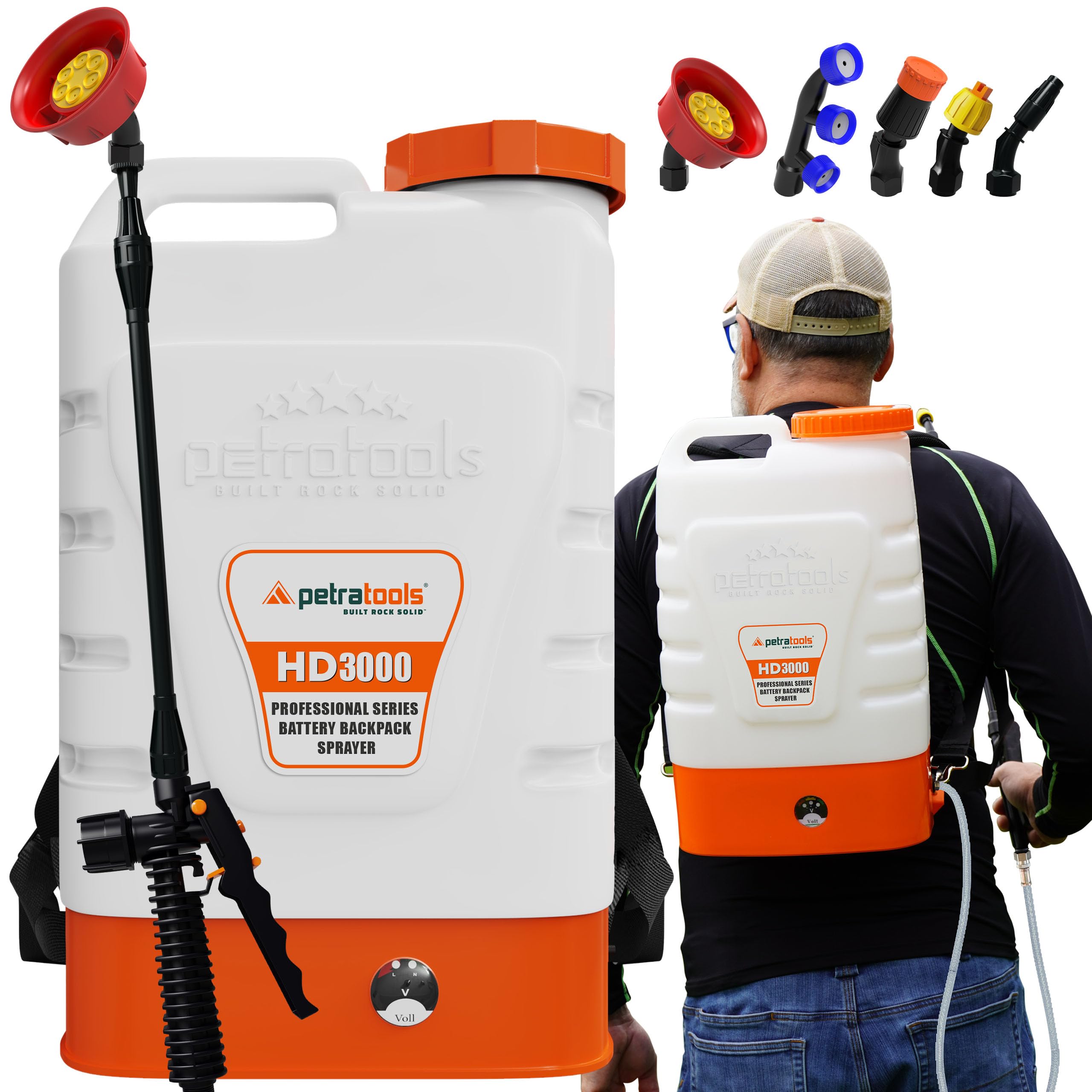 PetraTools HD3000 3 Gallon Battery Powered Backpack Sprayer for Lawn & Garden - 80PSI Electric Sprayer with 5 Spray Nozzles, Long Battery Life & Comfortable Padded Straps - Ideal for Weed Control, Pest Spraying, and Fertilizer Application (3 Gallon)