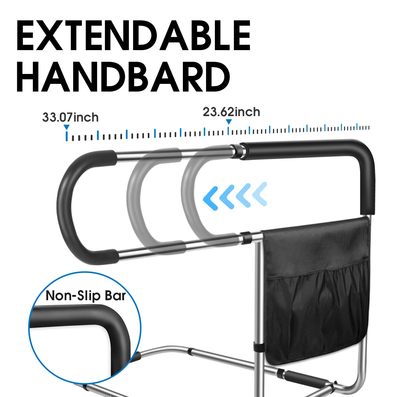 Stainless Steel Adjustable Bed Rails for Elderly Adults - Safety Bed Assist Handrail with Side Railings & Storage Pocket - Fall Prevention Grab Bar for Seniors - Fits King, Queen, Full & Twin Beds - Perfect for Home Care, Nursing Homes & Assisted Living Facilities