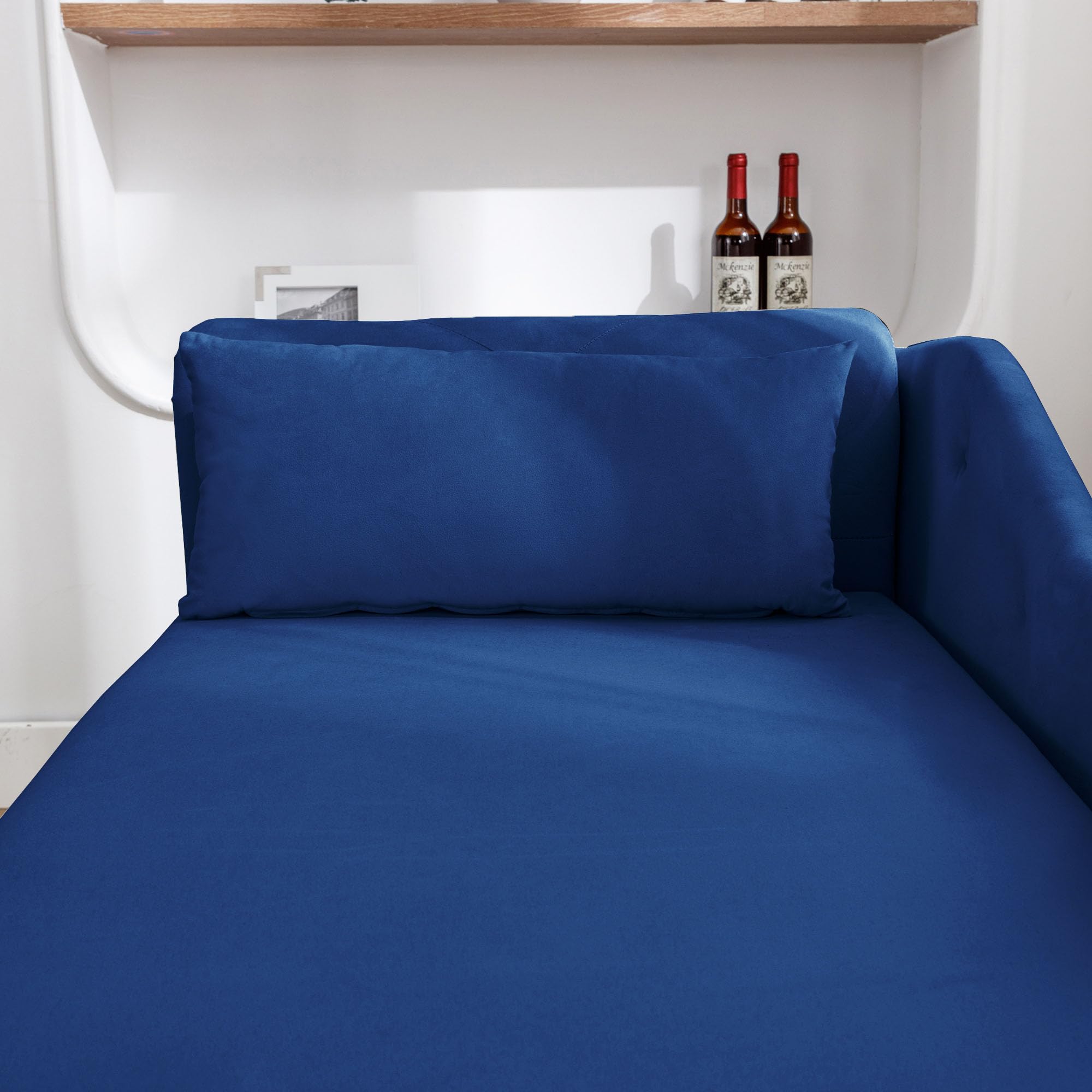 Warmiehomy Velvet Chaise Lounge Chair with Pillow - Modern Upholstered Rolled Arm Storage Ottoman for Bedroom, Living Room & Office - Navy Blue with Nailhead Trim | Perfect for Relaxing, Reading & Napping