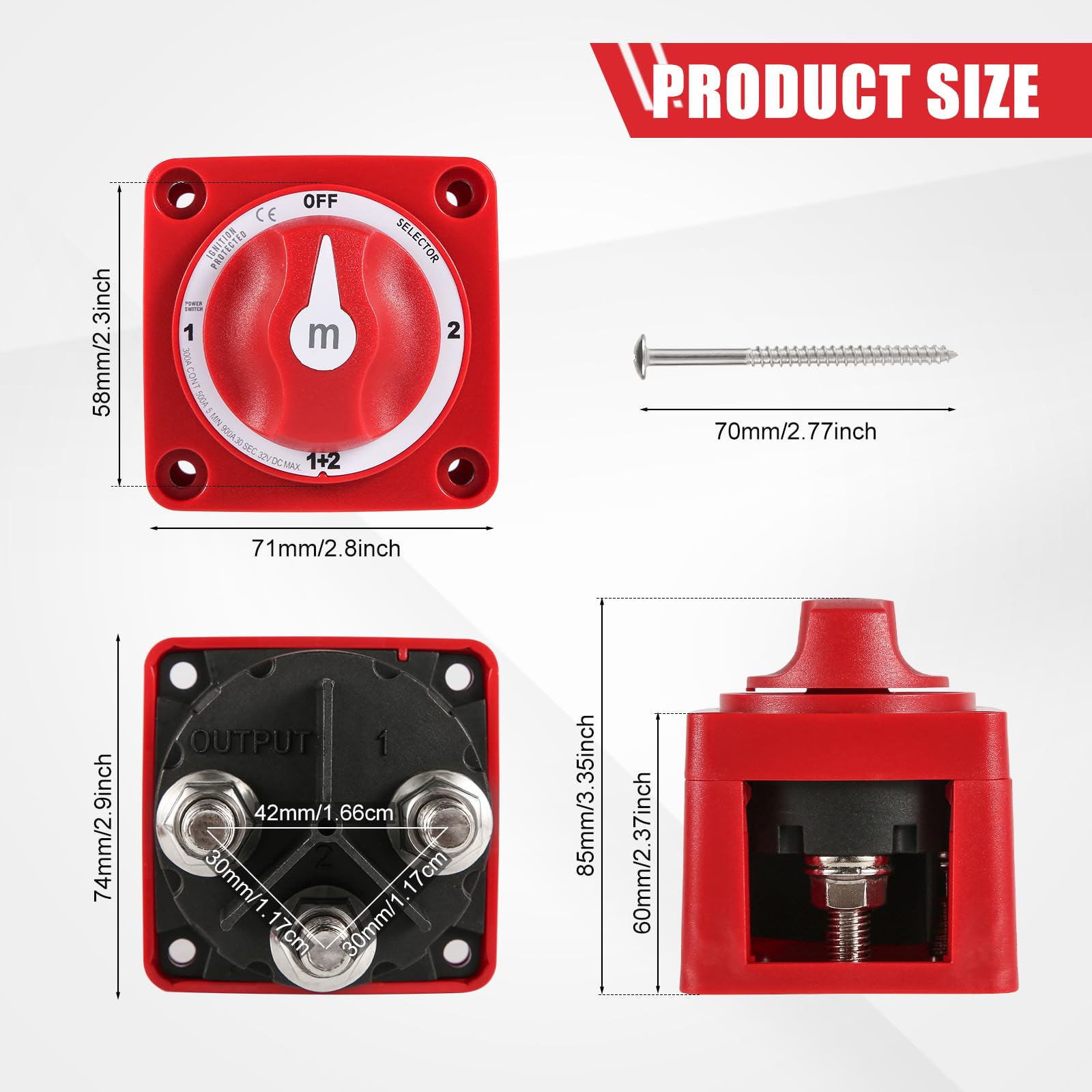 6007 m-Series 4 Position Marine Battery Disconnect Switch (1-1+2-2-Off) - Heavy Duty Boat Battery Selector for Car, RV, Trailer - Red - Perfect for Marine Power Management & Vehicle Electrical Systems