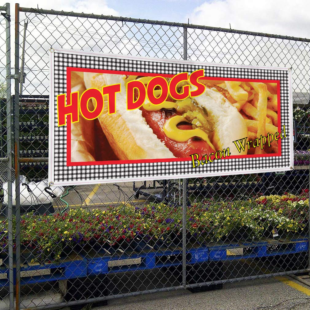 Hot Dog Bacon Wrapped Vinyl Banner - Weatherproof Outdoor Restaurant & Cafe Sign (60x144 Inches, 10 Grommets, Multiple Sizes Available) - Perfect for Food Trucks, Bars, Yard Sales & Industrial Events