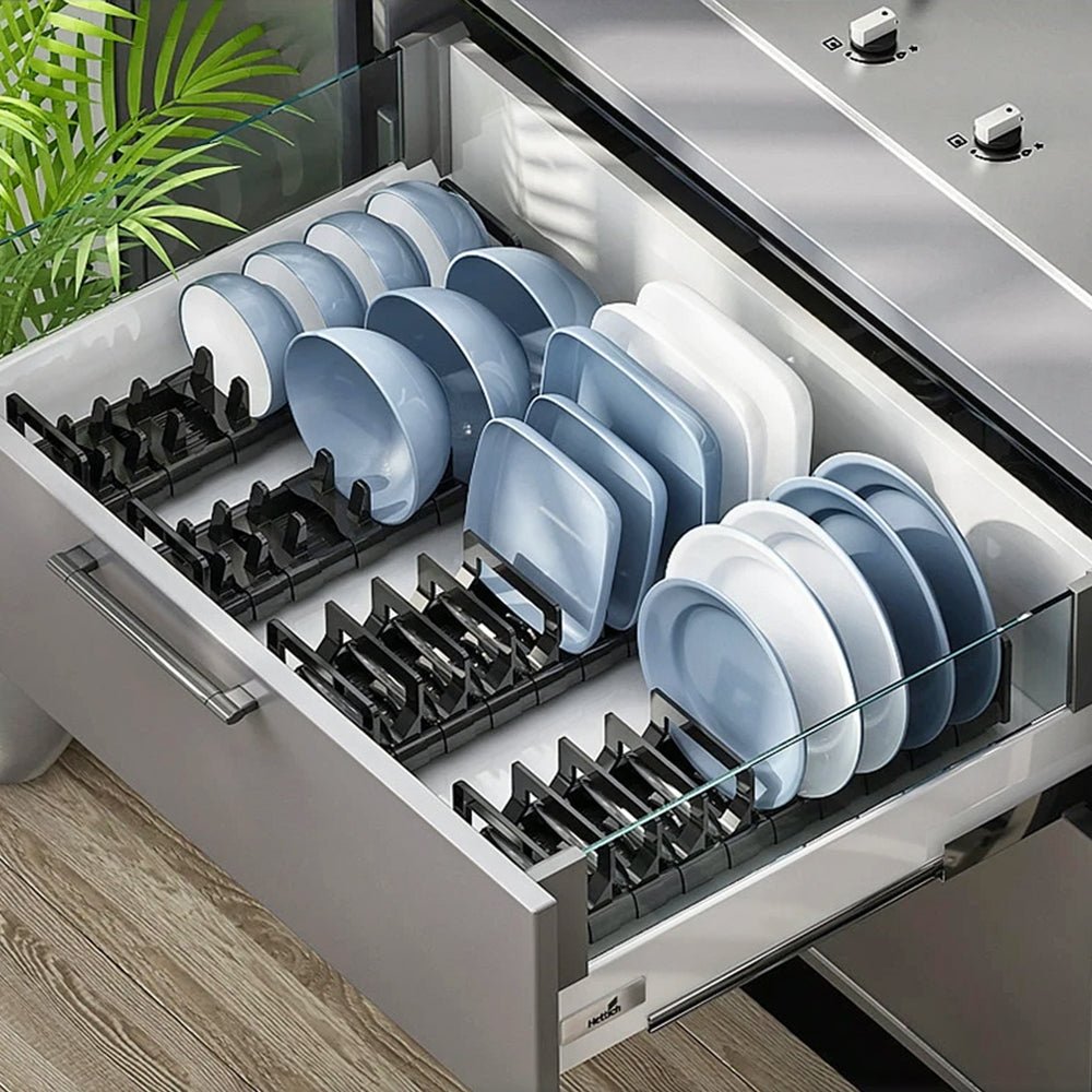 Milo Adjustable Dish Organizer - Expandable Kitchen Cabinet Shelf Organizer for Plates, Bowls & Cutlery - Perfect for Small Spaces, Pantry & Dish Storage Organization