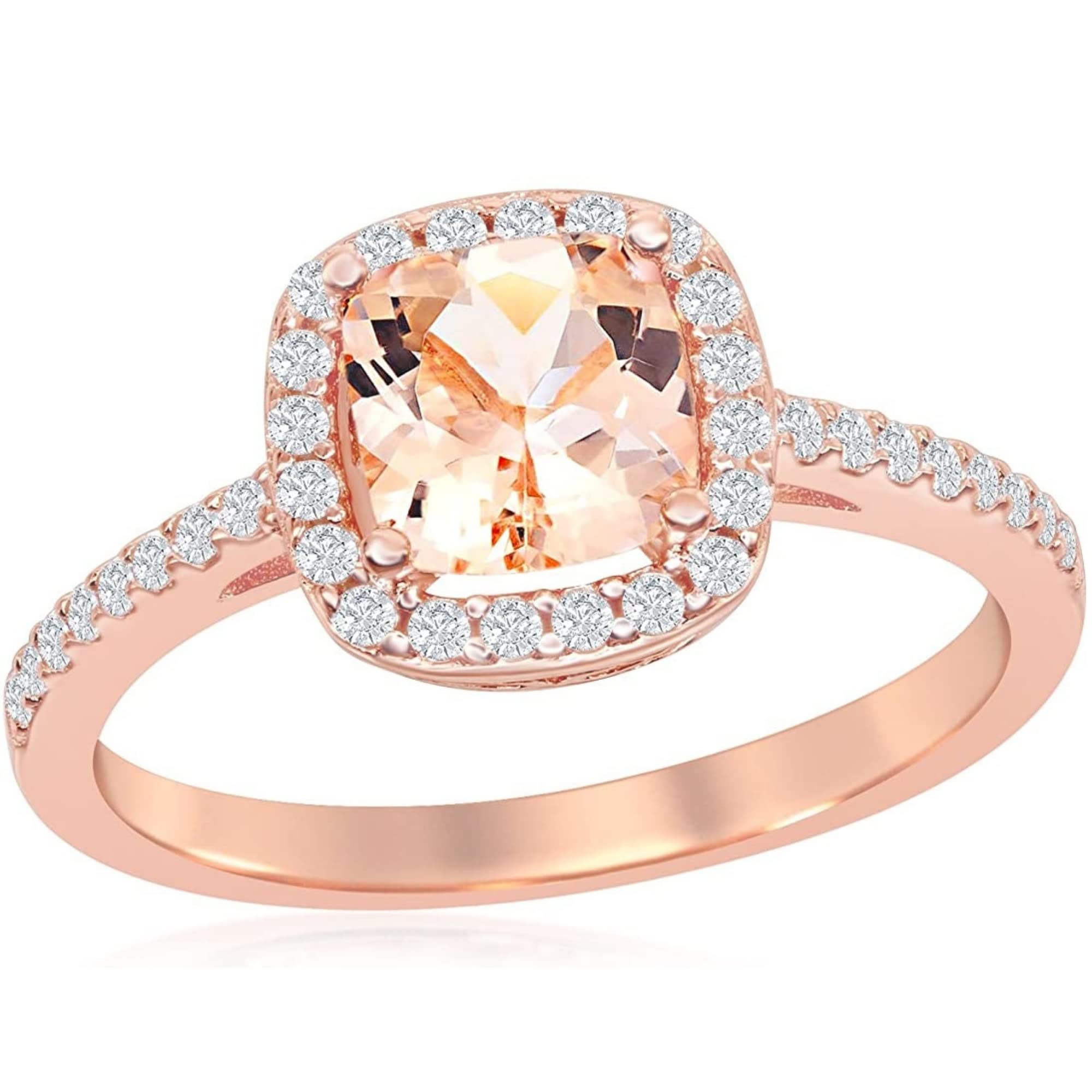 Simulated Morganite Engagement Ring for Women - Sterling Silver Rose Gold Plated with CZ Diamond Halo | Oval, Heart, Pear, Round & Princess Cut | Elegant Wedding, Anniversary & Valentine's Day Gift