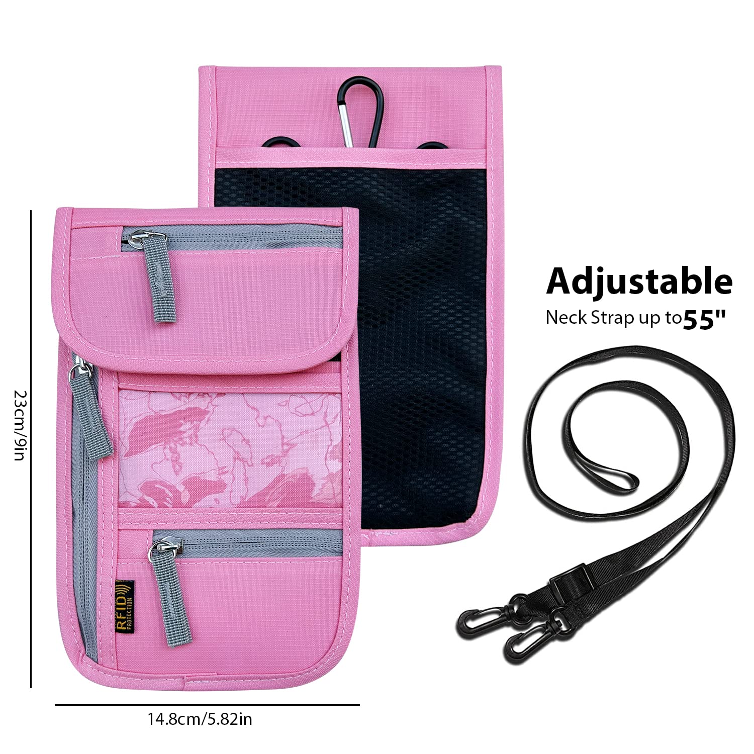 RFID Blocking Travel Neck Wallet for Men & Women - Adjustable Neck Strap Passport Holder to Protect Cash, Credit Cards & Documents - Secure Travel Accessories for Airports, Vacations & International Trips (Pink)