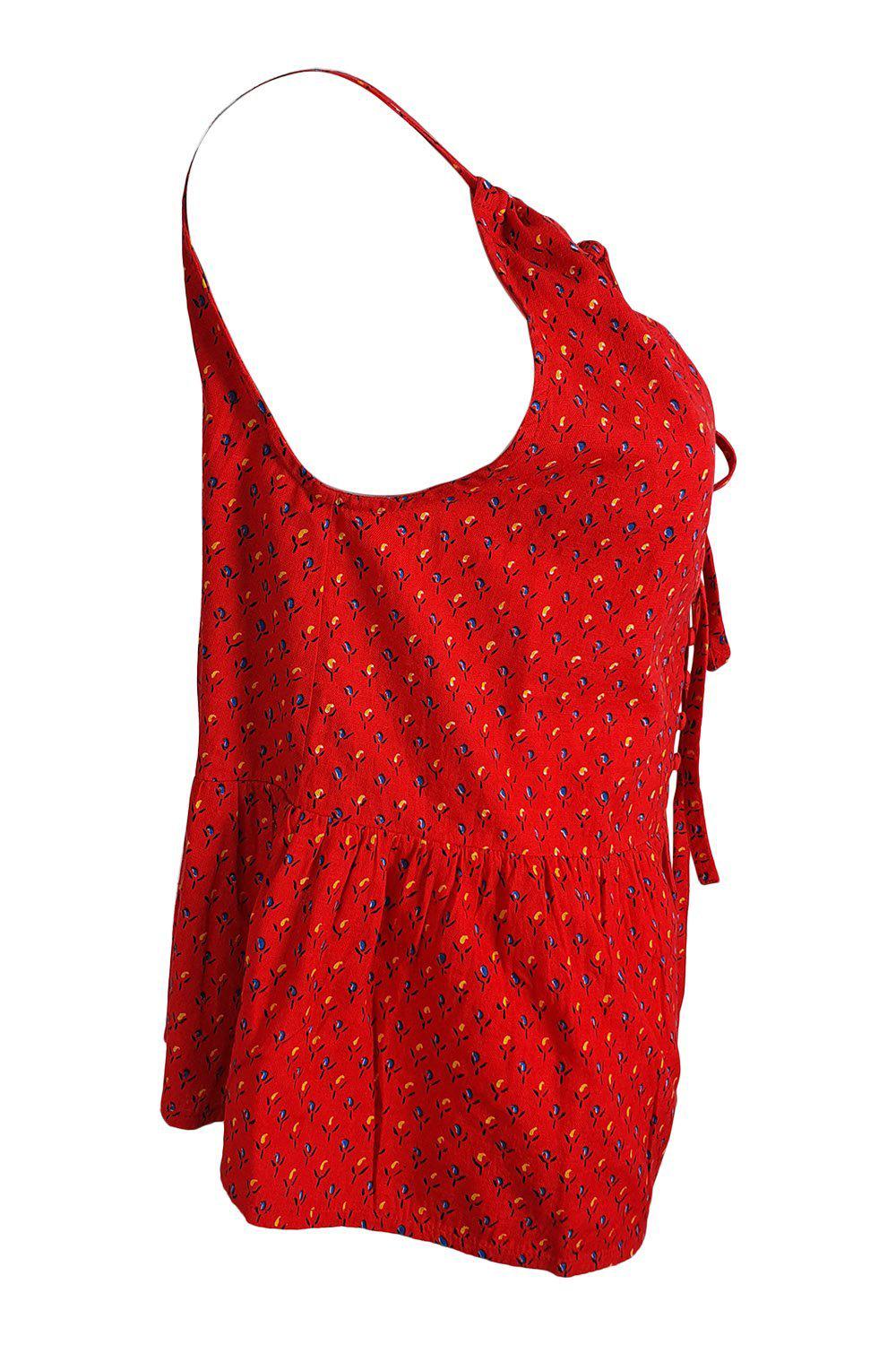 M.I.H Women's Red Cotton Flax Blend Floral Print Tie Neck Blouse (Size S) - Perfect for Spring Outfits, Date Nights & Casual Wear