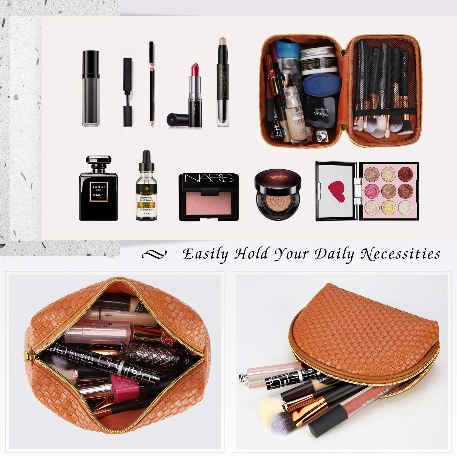 KTMOUW 3-Piece Waterproof Makeup Bag Set - Portable Travel Cosmetic Organizer with Multifunctional Storage | Perfect for Women's Toiletries, Cosmetics & Travel Essentials (Brown, Woven Design) | Ideal for Travel, Gym, Daily Use & Gift Giving