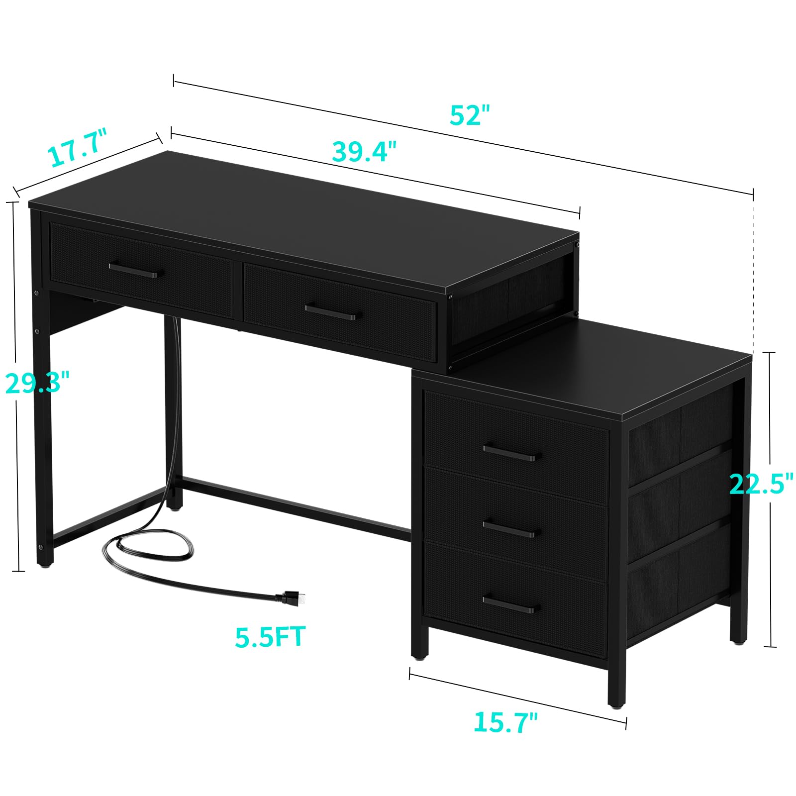 Reversible Computer Desk with 5 Drawers & Power Outlets - Sturdy Office Desk with USB Ports, File Cabinet & Printer Stand - Black Corner Writing Table for Home Office, Gaming Setup & Workstation Storage Solution