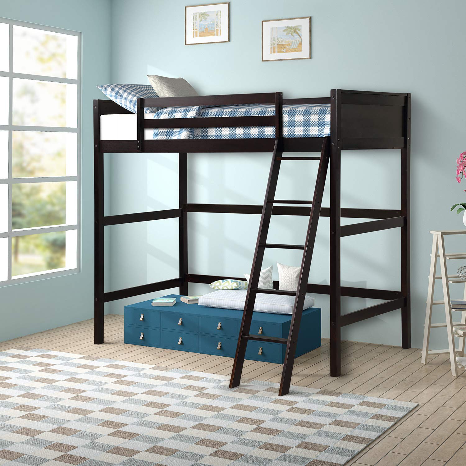 Solid Wood Twin Size Loft Bed with Angled Ladder - Panel Style Kids Bed Frame (80.06