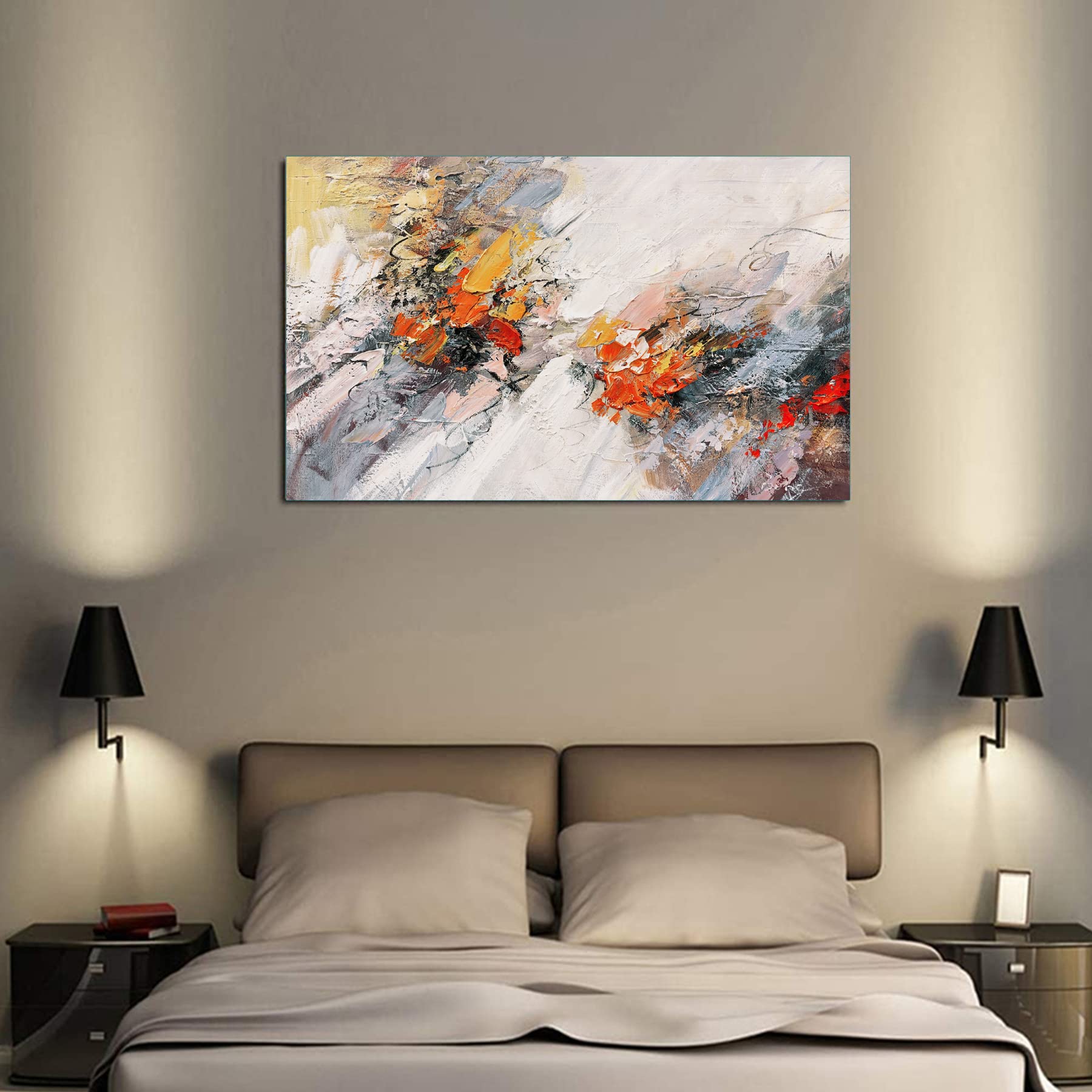 Handmade Abstract Canvas Painting - Beige & Teal Orange Textured Wall Art for Bathroom Decor | Original Modern Artwork for Living Room, Bedroom & Office