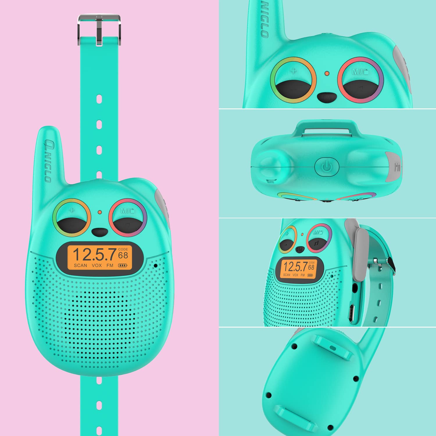 Qniglo Rechargeable Walkie Talkies for Kids - 2 Pack Kids Walkie Talkies with FM Radio, Handheld Walkie Talkie with Wrist Strap & Lanyard - Perfect for Outdoor Camping, Hiking, Birthday Parties & Christmas Gifts for Boys and Girls