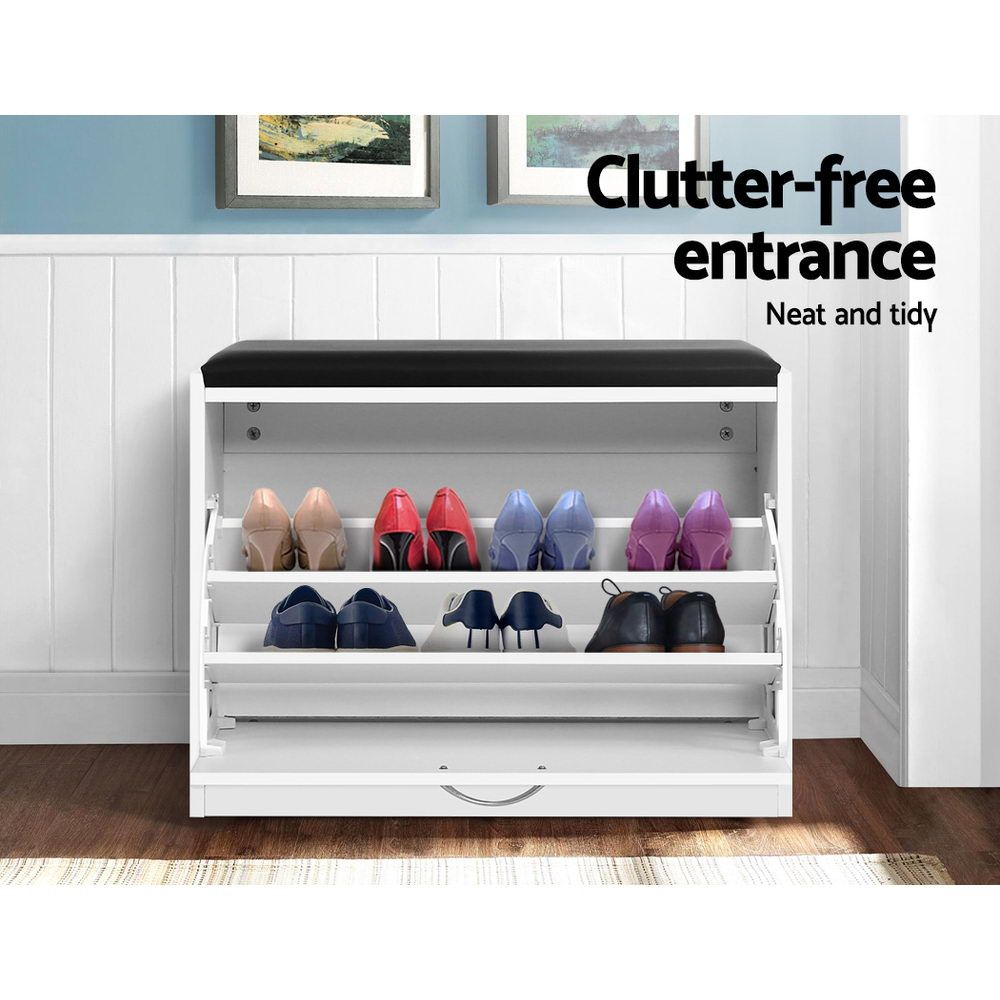 White Shoe Cabinet Bench with Drawers - 15 Pair Shoe Storage Organizer for Entryway, Bedroom, or Closet - Space Saving Shoe Rack with Seat