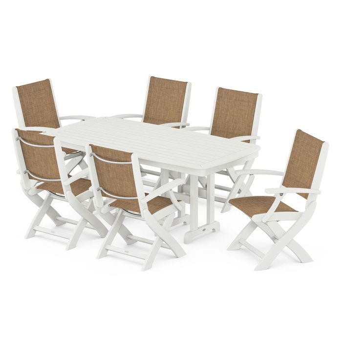 POLYWOOD Coastal Folding Arm Chair 7-Piece Outdoor Dining Set - Perfect for Patio, Deck, Poolside & Beachfront Entertaining