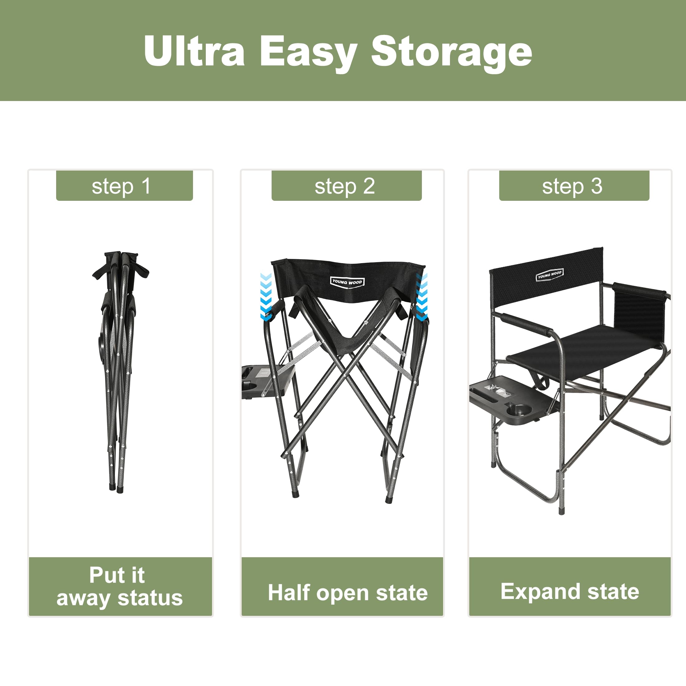 YOUNG WOOD Lightweight Oversized Portable Folding Camping Chair with Side Table & Storage Pockets - Heavy Duty 400lbs Capacity for Outdoor Camping, Hiking, Picnics, Fishing, Beach, Backyard & Tailgating (Black)