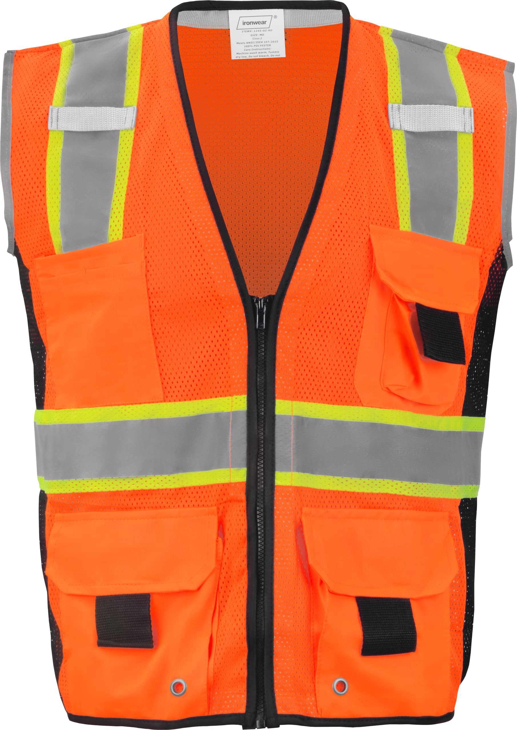 Ironwear 1245 Class 2 Safety Vest with Zipper, Radio Tabs & Pocket Grommets - High Visibility Reflective Work Vest for Construction, Road Workers & Outdoor Safety
