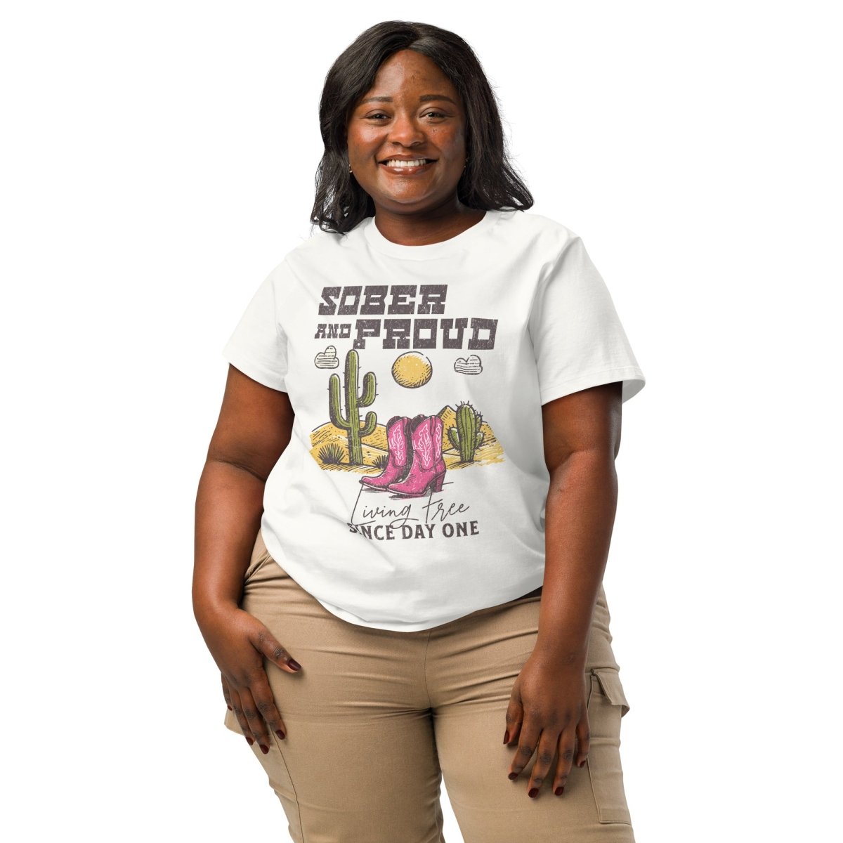SOBER AND PROUD Organic Cotton Women's T-Shirt | Western Desert Design | Comfortable Casual Tee for Everyday Wear & Sober Living Support