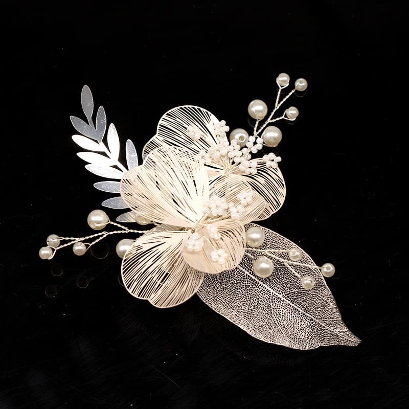 Golden Silver Pearl Wedding Hair Clips - Bridal Hair Accessories with Flower Leaves for Women - Perfect for Bridal Shower, Wedding Ceremony & Formal Events
