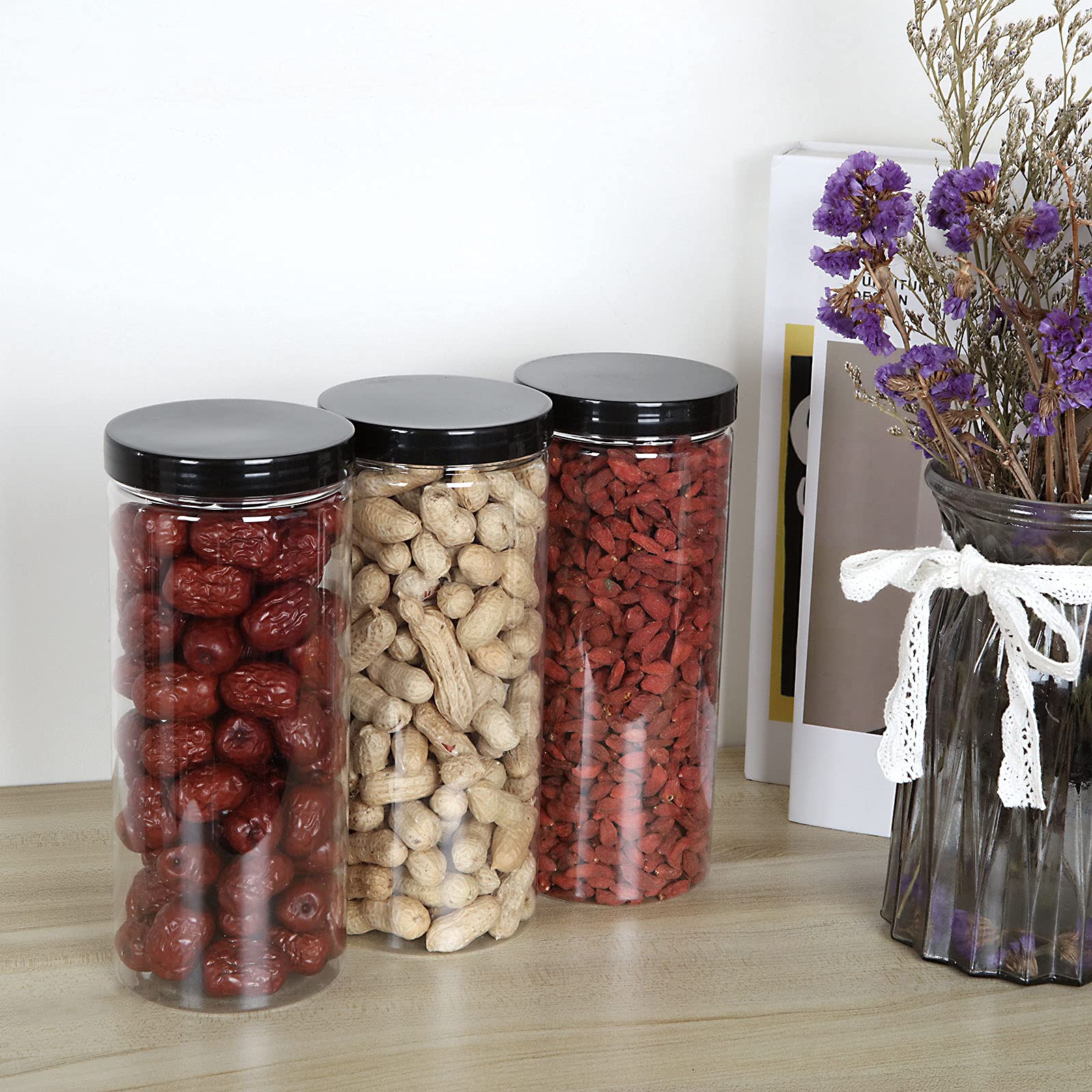 8-Pack 32oz Clear Plastic Jars with Black Lids - BPA Free PET Food Storage Containers for Pantry, Kitchen & Home Organization - Ideal for Dry Foods, Spices, Baking Supplies & Crafts