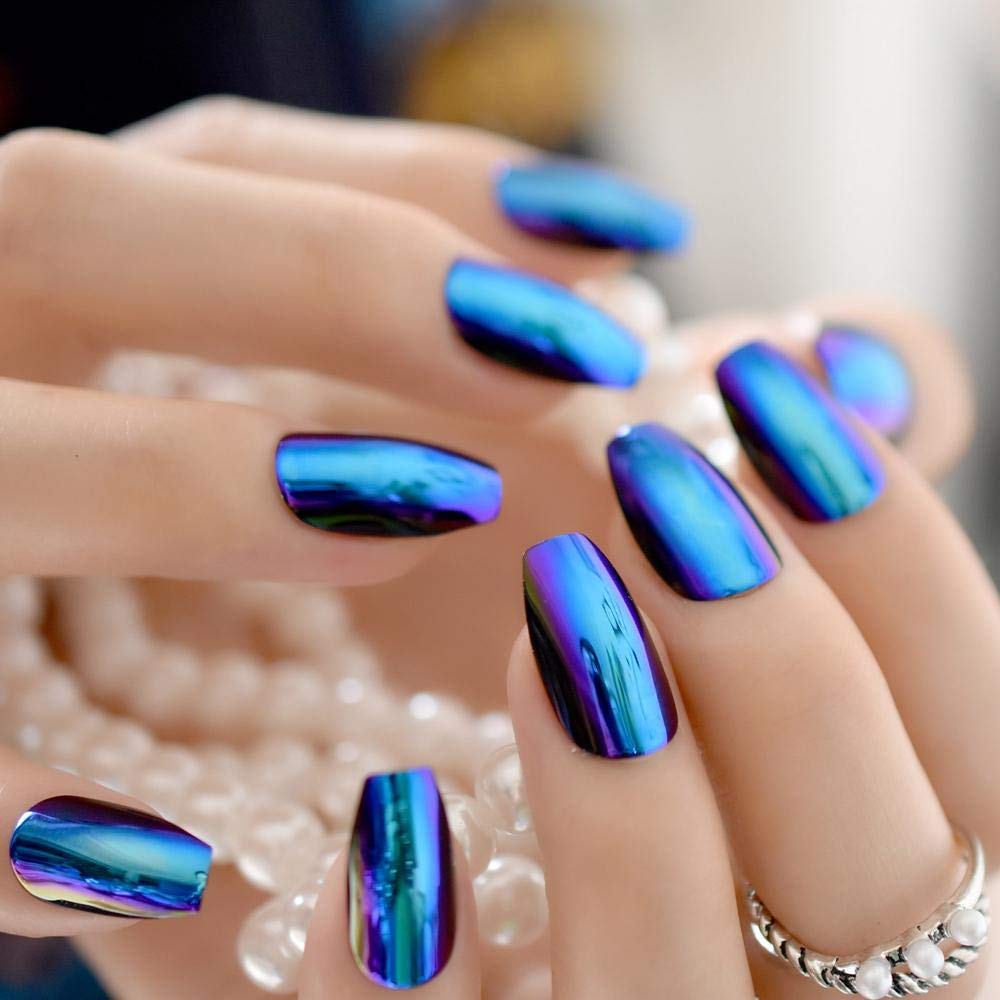 Chrome Ballerina Coffin False Nails - Holographic Blue Purple Mirror Reflection Tips for Long Lasting Wear | Perfect for Parties, Weddings, and Special Events