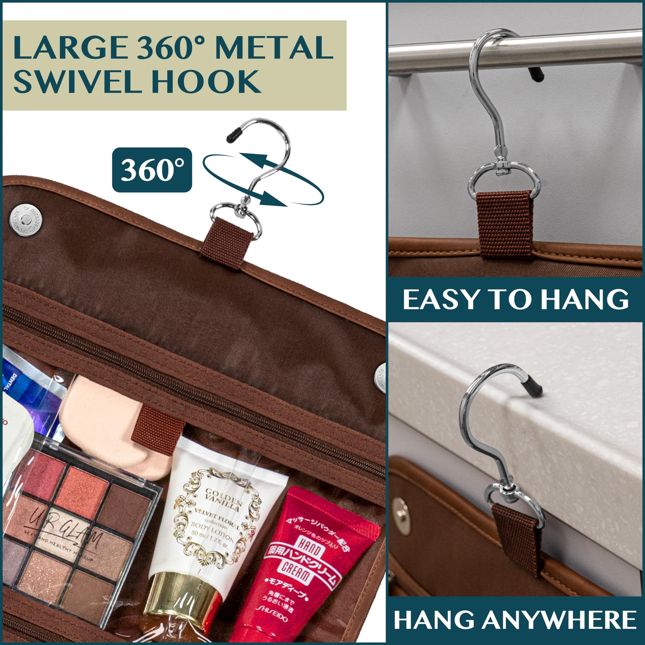 PAVILIA Hanging Toiletry Bag for Women & Men - Foldable Waterproof Cosmetic Organizer Travel Bag - Large Makeup & Toiletries Essentials Kit (Dark Brown) - Perfect for Camping, Gym, Business Trips & Vacation