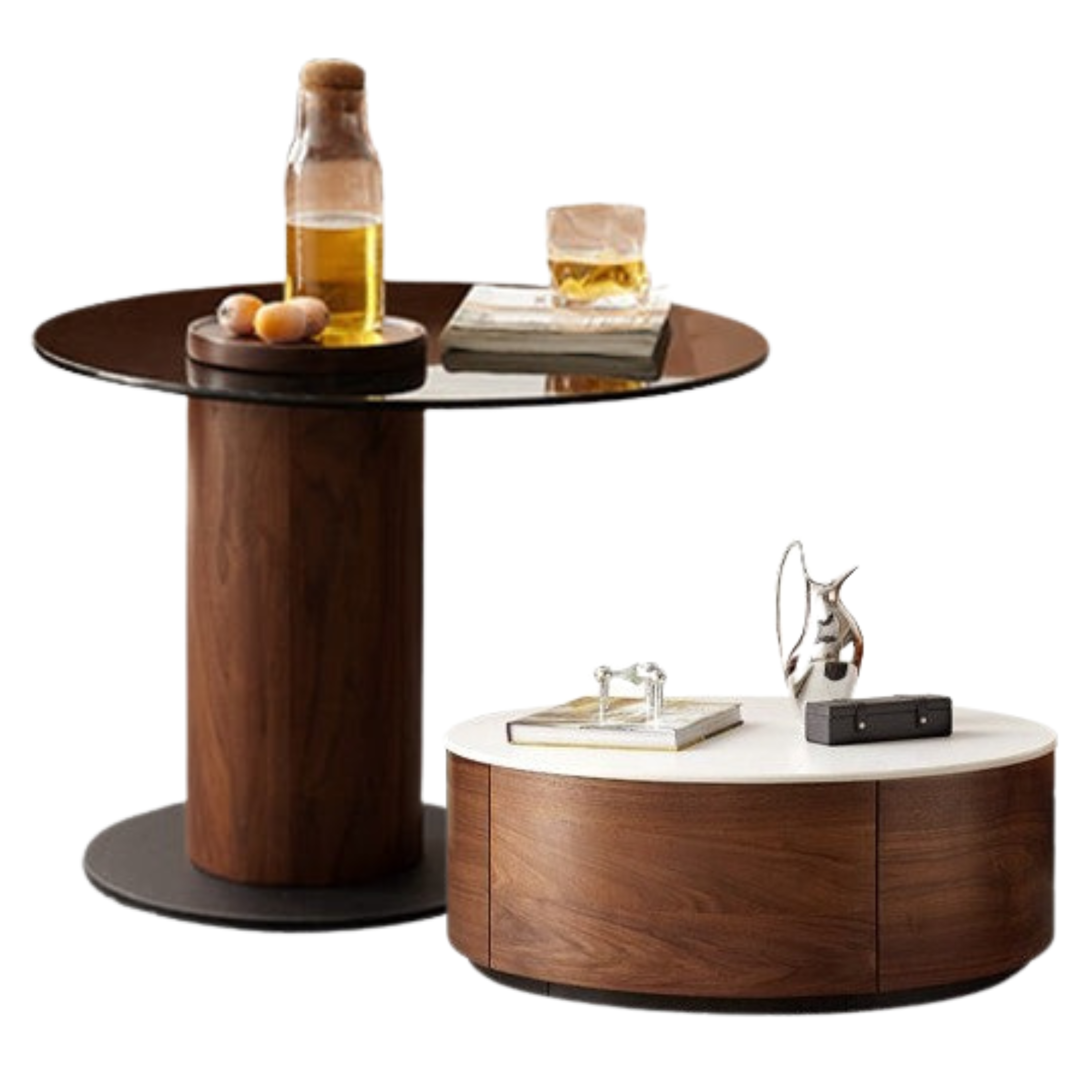 23.6x23.6x16.5 inch / 60х60х42cm + 31.5x31.5x11.8 inch / 80x80x30сm / Rich Dark Walnut color / glass coffee table + slate low coffee table