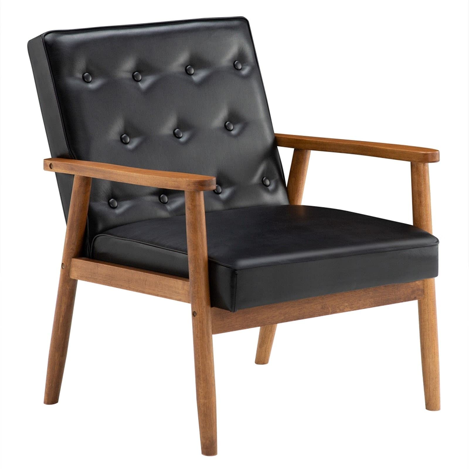 Mid-Century Modern Black PU Accent Armchair - Upholstered Wood Frame Lounge Chair for Living Room, Bedroom & Office - Stylish Comfortable Seating for Home Decor
