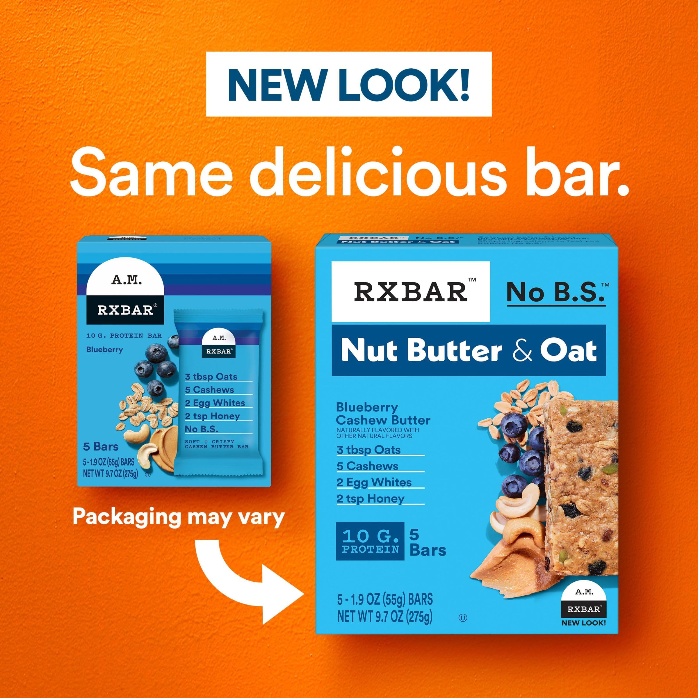 RXBAR Nut Butter and Oat Protein Bars - Blueberry Cashew Butter Flavor, 9.7oz Box (5 Bars) | High Protein Snacks for Workout Recovery, Healthy On-the-Go Breakfast & Office Snacks