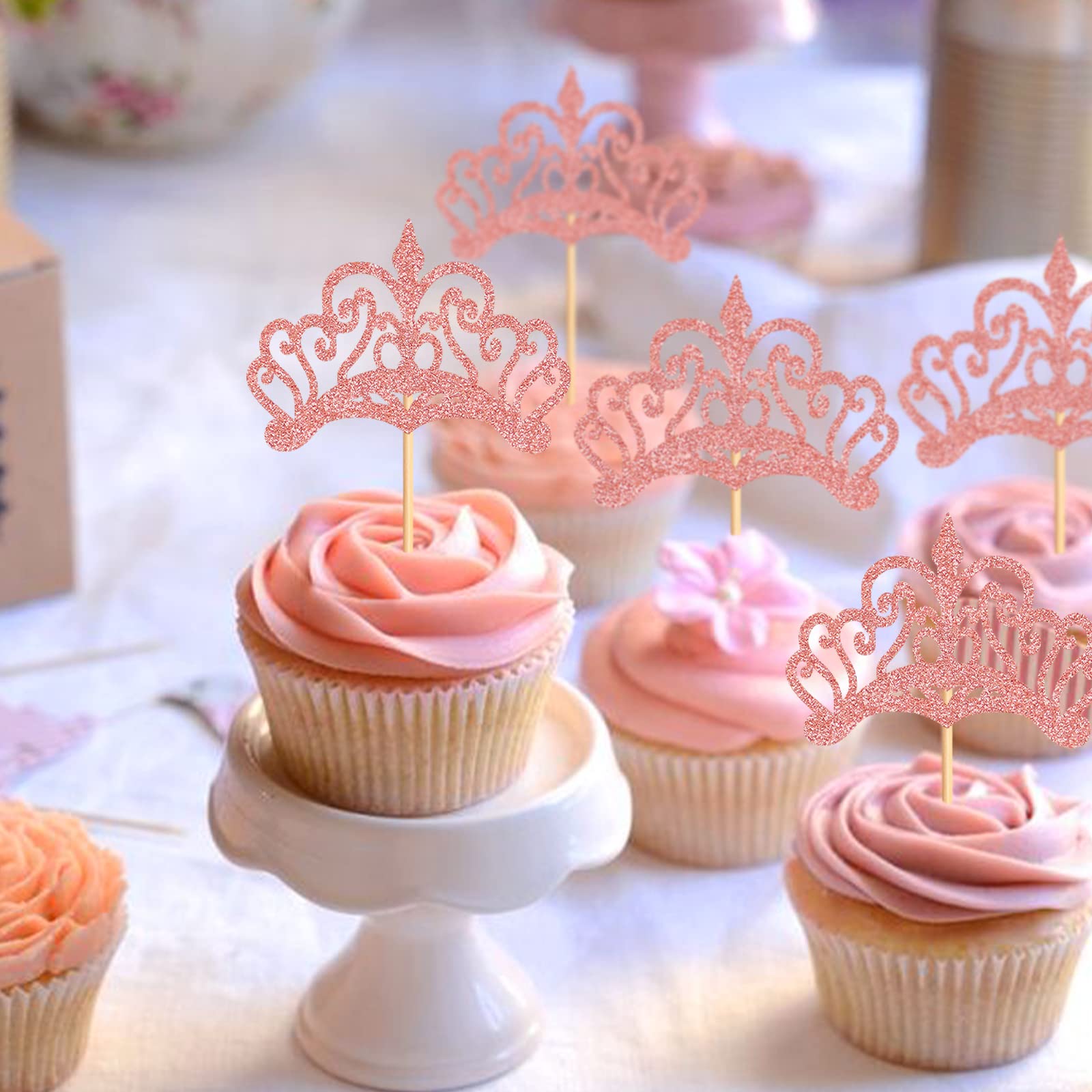 24 Pack Princess Crown Cupcake Toppers - Rose Gold Cupcake Picks for Royal Baby Showers, Birthday Parties & Princess Themed Decorations - Perfect for Wedding, Bridal Shower & Kids Birthday Cake Decorating