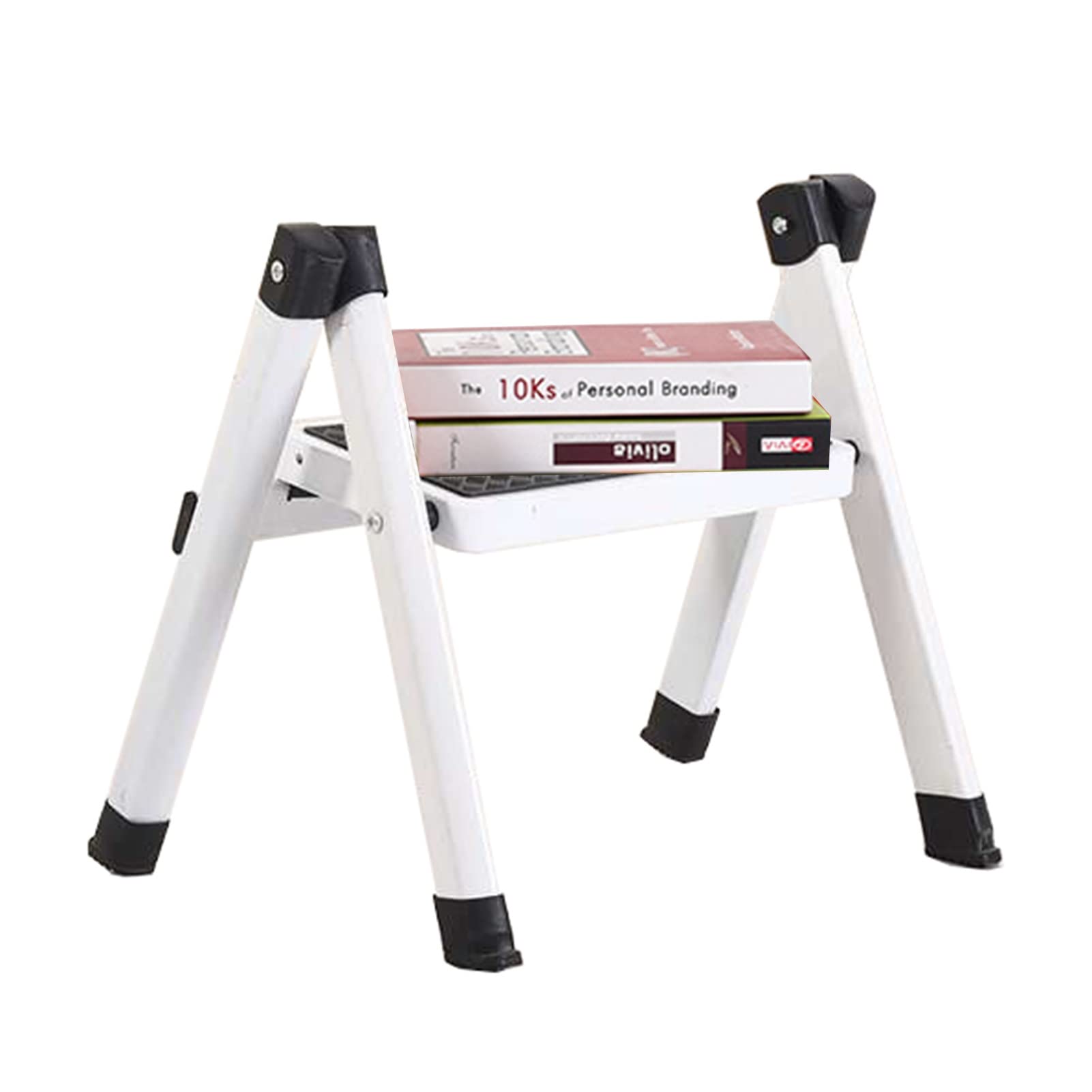 Portable Metal Mini Folding Step Stool - Lightweight Compact Ladder for Kitchen, Bedroom, Office, Library & Balcony - Perfect for Reaching High Shelves, Changing Light Bulbs & Home Organization (White)