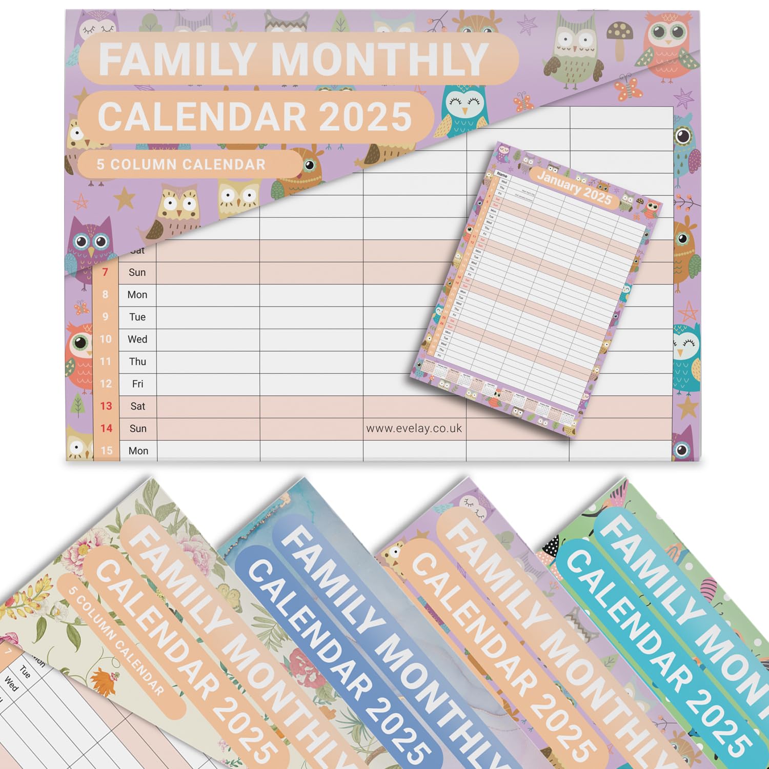Evelay Family Calendar 2025 - 5-Column Monthly Wall Planner (Owl Design) | A3 Hanging Organizer for Home, Office & School | Perfect for Family Scheduling, Meal Planning & Event Tracking