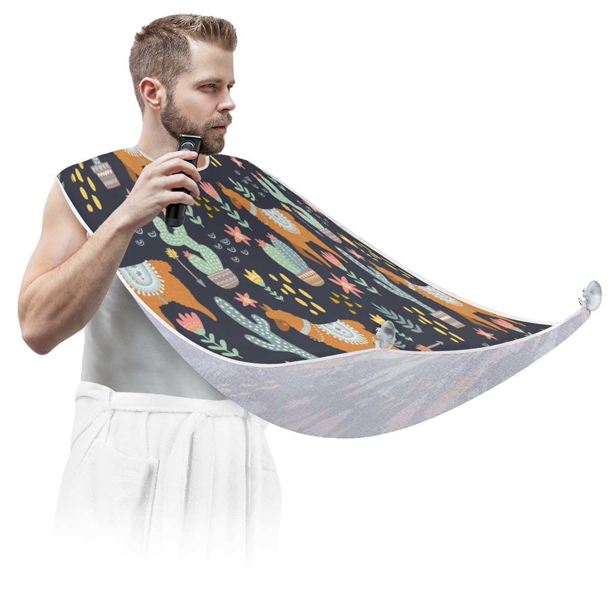 Non-Stick Beard Apron with Suction Cups - Llama Cactus Flower Beard Bib for Men Shaving & Grooming | Waterproof Hair Catcher Cape for Barbershop, Home Use | Perfect Gift for Husband, Dad, Birthday