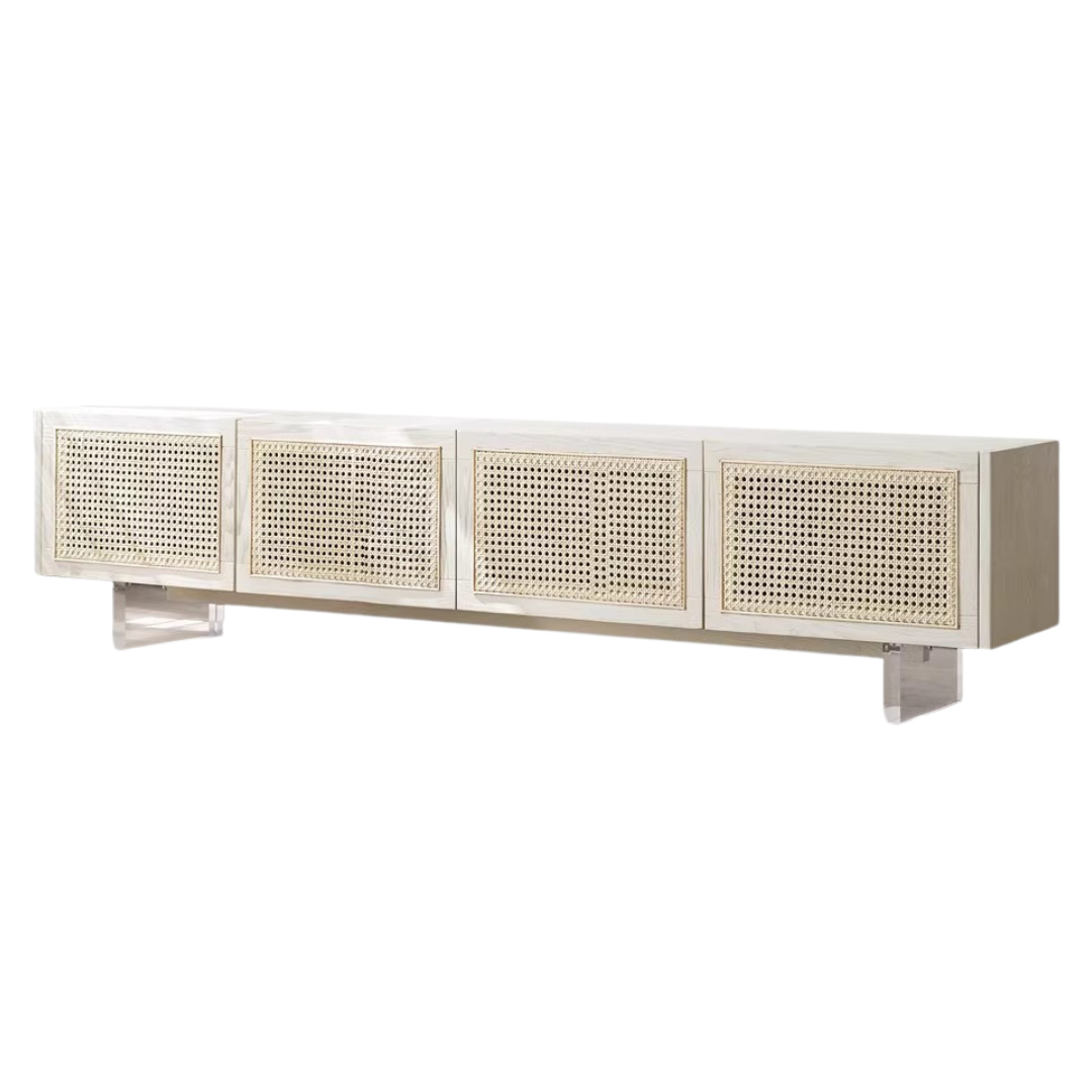 Solid Oak Wood Rattan TV Stand with LED Lights - Modern Cream Style Entertainment Center for Living Room, Bedroom & Home Theater