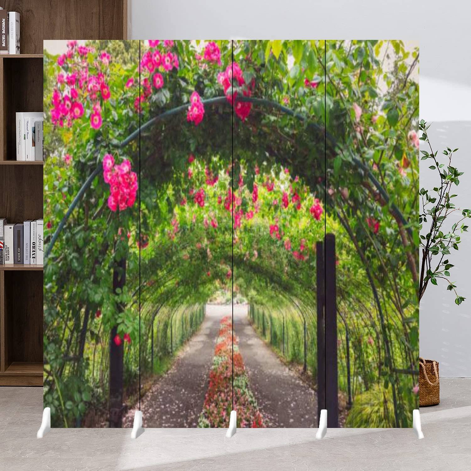 4 Panel Canvas Room Divider Screen with Pink Rose Arbor Design - Folding Privacy Partition for Bedroom, Office & Living Space | Temporary Wall Divider for Home Decor & Space Separation