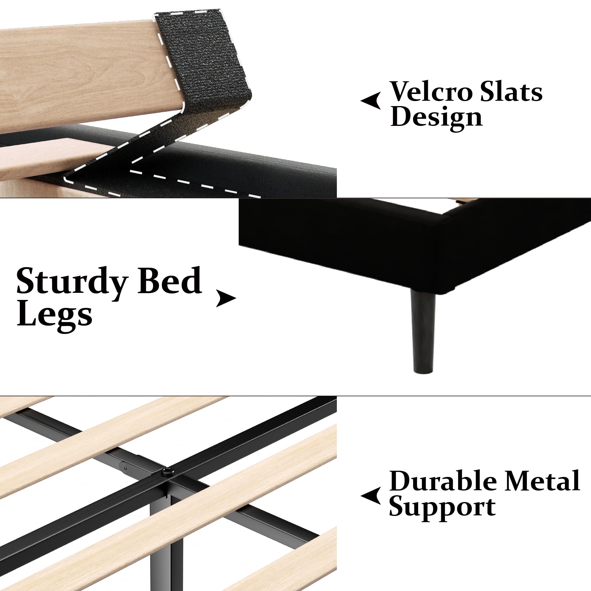 Queen Size Bed Frame with Upholstered Wingback Headboard - Easy Assembly Platform Bed with Wooden Slat Support (No Box Spring Needed) - Black Velvet Fabric - Perfect for Master Bedroom, Guest Room & Apartment