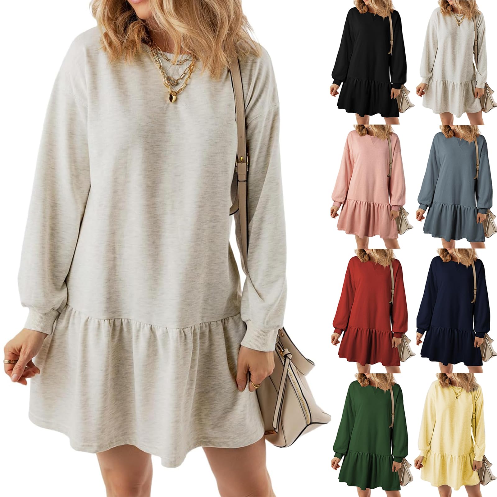 Women's Long Sleeve Crewneck Sweatshirt Dress - Fall Babydoll Pullover with Flowy Ruffled Hem | Casual Mini Dress for Date Night, Weekend Outfits & Layering