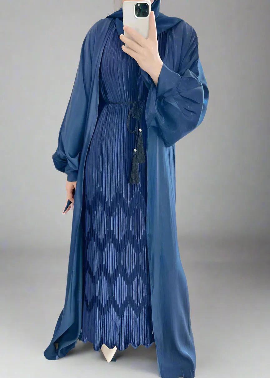 Gleam Open Cardigan Abaya with Pleated Inner Dress - Modest Muslim Fashion for Prayer, Eid & Special Occasions