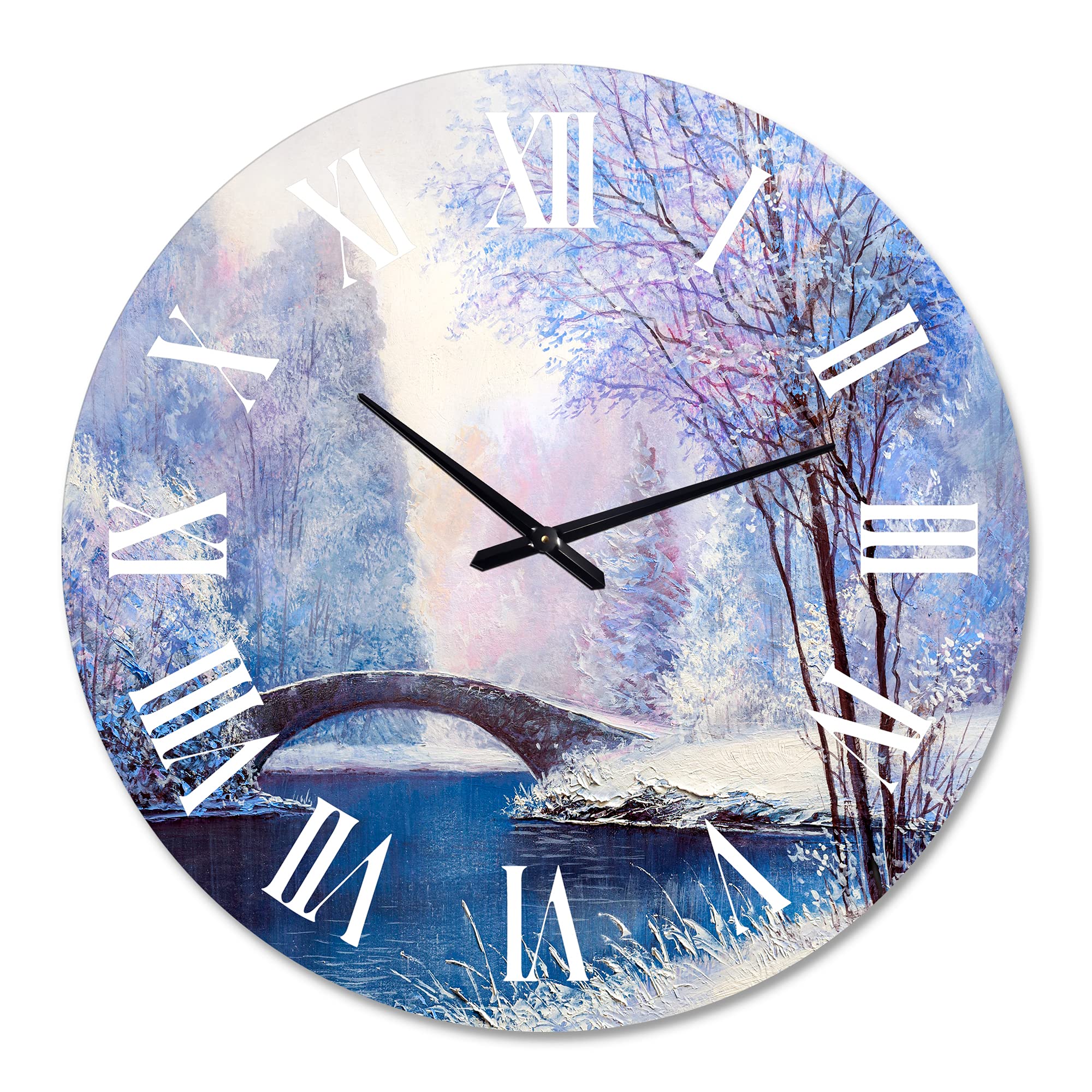 DesignQ Lake House Wall Clock - Winter Scenery with Meandering River Bridge III - Large Landscape Nature Wall Clock for Living Room, Bedroom & Office Decor - Perfect for Home, Cabin & Rustic Interior Design