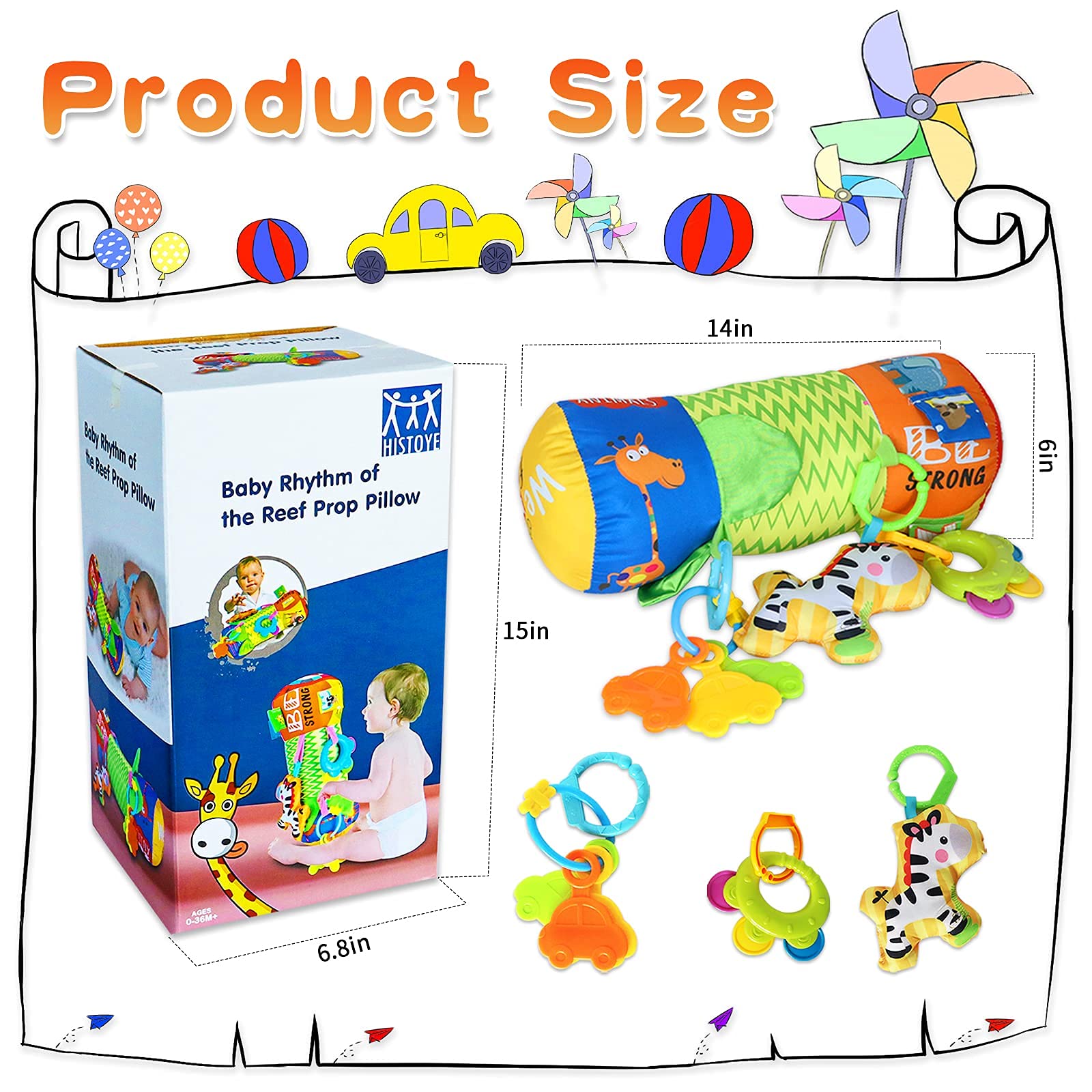 HISTOYE Baby Tummy Time Pillow with Detachable Rattles - Developmental Crawling Roller Toy for Newborns 0-3-6-9-12 Months - Infant Sensory Play Mat for Early Learning & Motor Skills - Perfect for Nursery, Daycare & Playtime