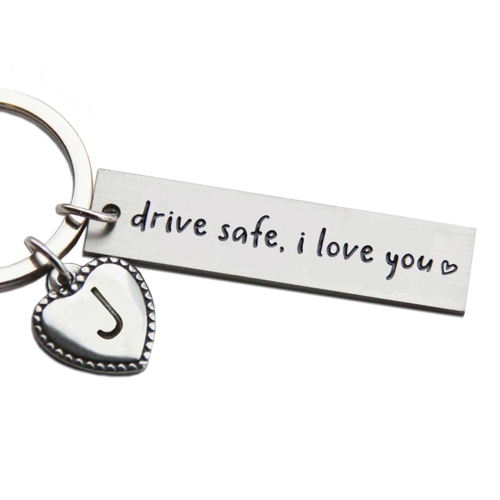 Personalized Stainless Steel Keychain - Custom Initial Drive Safe Key Chain Gift for Boyfriend, New Driver, Valentine's Day | Durable Stamped Metal Key Ring for Car Keys, First Car Present, I Love You Message