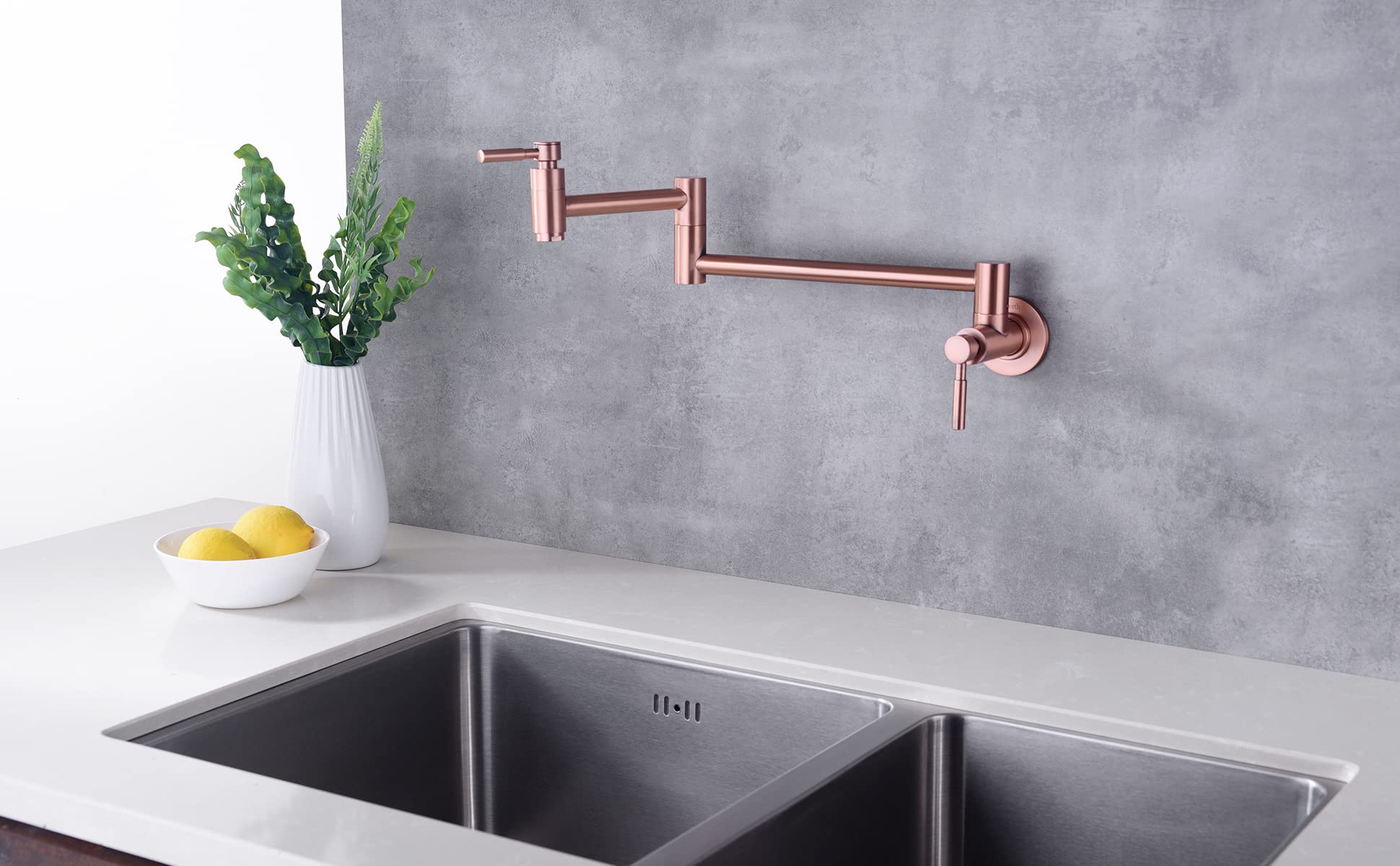 Premium Copper Pot Filler Faucet - Wall Mount Brass Kitchen Sink Faucet with Folding Swing Arm & Dual Handles | Ideal for Cooking, Filling Pots & Modern Kitchen Upgrade