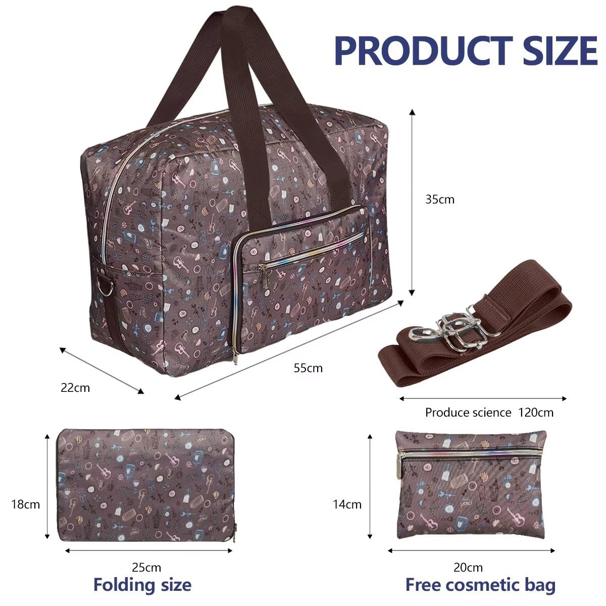 Foldable Travel Duffel Bag for Women - Large Nylon Weekender Overnight Carry On Bag with Floral Makeup Pouch - Perfect for Gym, Beach Trips & Weekend Getaways