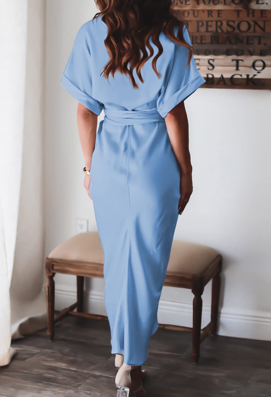 Elegant Women's Satin Button Down Short Sleeve Maxi Shirt Dress with Belt - Perfect for Summer Outings, Beach Cover-ups & Casual Office Wear