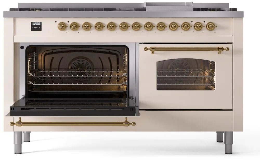 ILVE Nostalgie II 60-Inch Dual Fuel Natural Gas Range - Antique White with Brass Trim (UP60FNMPAWG) - Perfect for Vintage-Style Kitchens & Gourmet Cooking