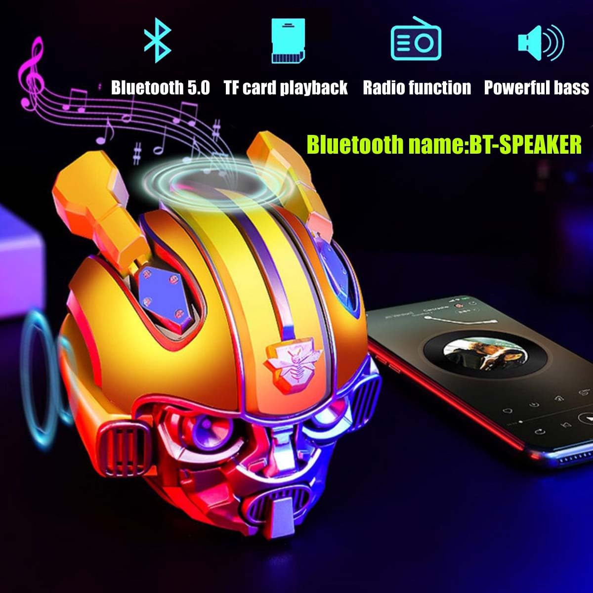 Transformers Bumblebee Helmet Bluetooth Speaker - Portable Wireless Speaker with Bluetooth 5.0, Dual Built-in Speakers & USB Charging Cable - Perfect for Outdoor, Travel, Parties & Gifts