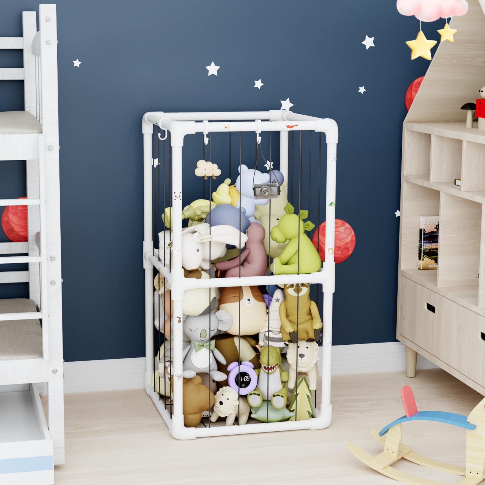 Soft Plush Toy Storage Organizer with Nets - Kids Stuffed Animal Zoo Holder Standing Shelf for Playroom & Nursery Decor - Durable Thick Tube Design for Toy Box & Room Organization