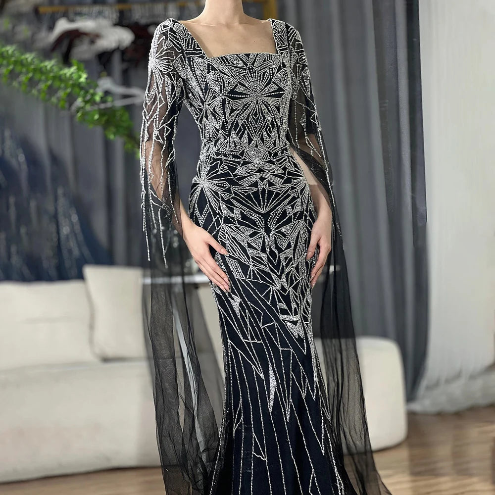 Luxury Dubai Arabic Nude Cape Sleeves Mermaid Saudi Evening Dresses Beaded Formal Party Gowns for Women - Elegant Wedding, Prom, Gala & Special Occasion Wear LA72261B