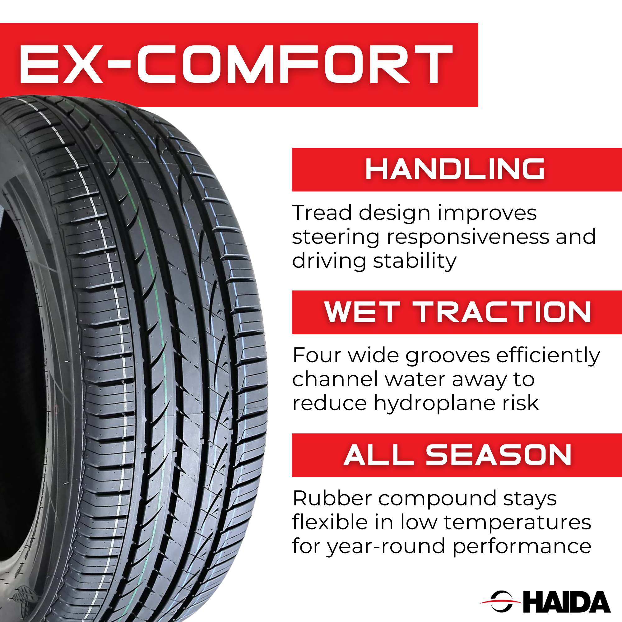 Haida EX Comfort 175/70R14 88T All-Season Passenger Car Tires - 4 Pack for Smooth Ride & Enhanced Traction on Highways & City Roads