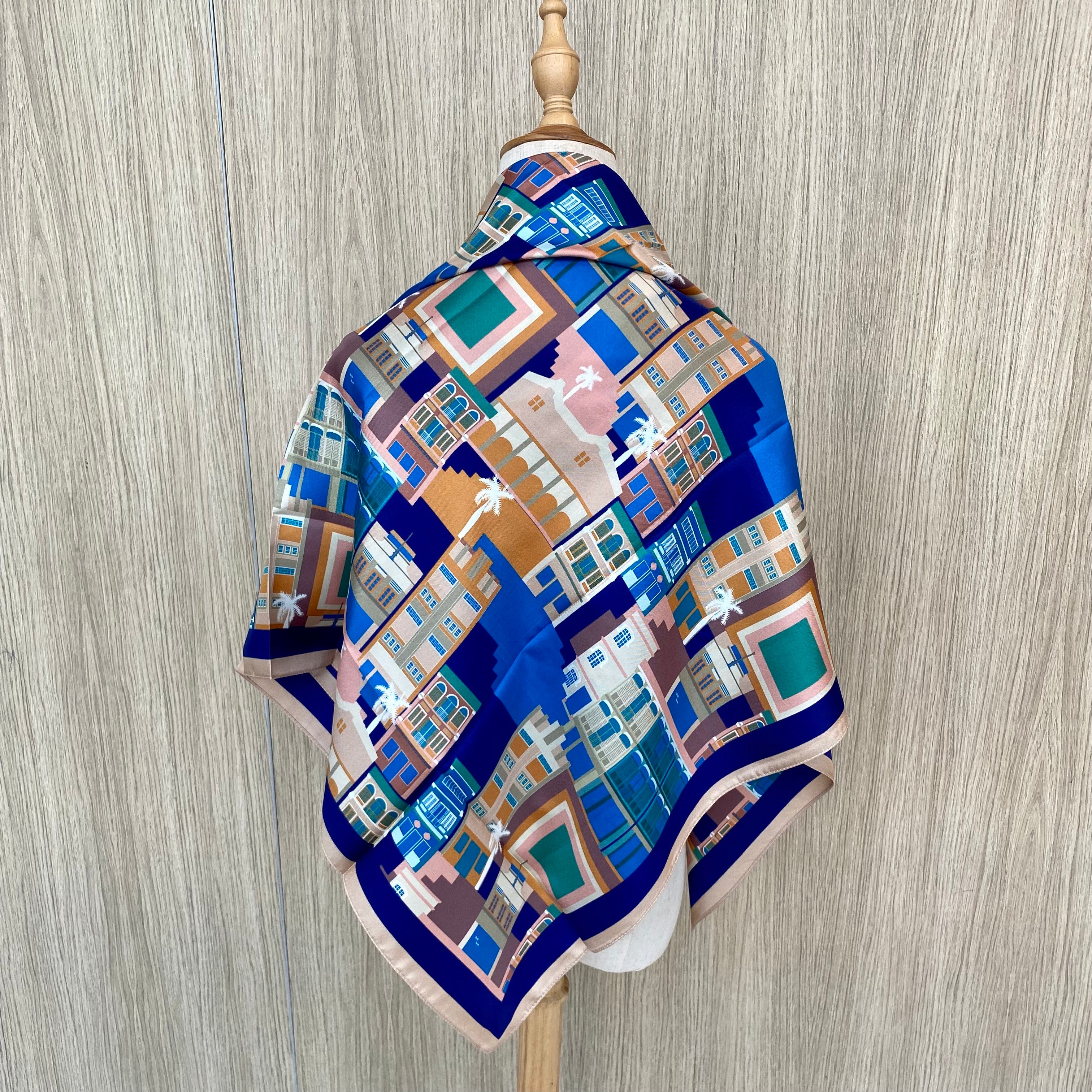Premium Silk Scarf for Women - Luxury Singapore Shophouses Design - Elegant Fashion Accessory for Office, Wedding & Special Occasions