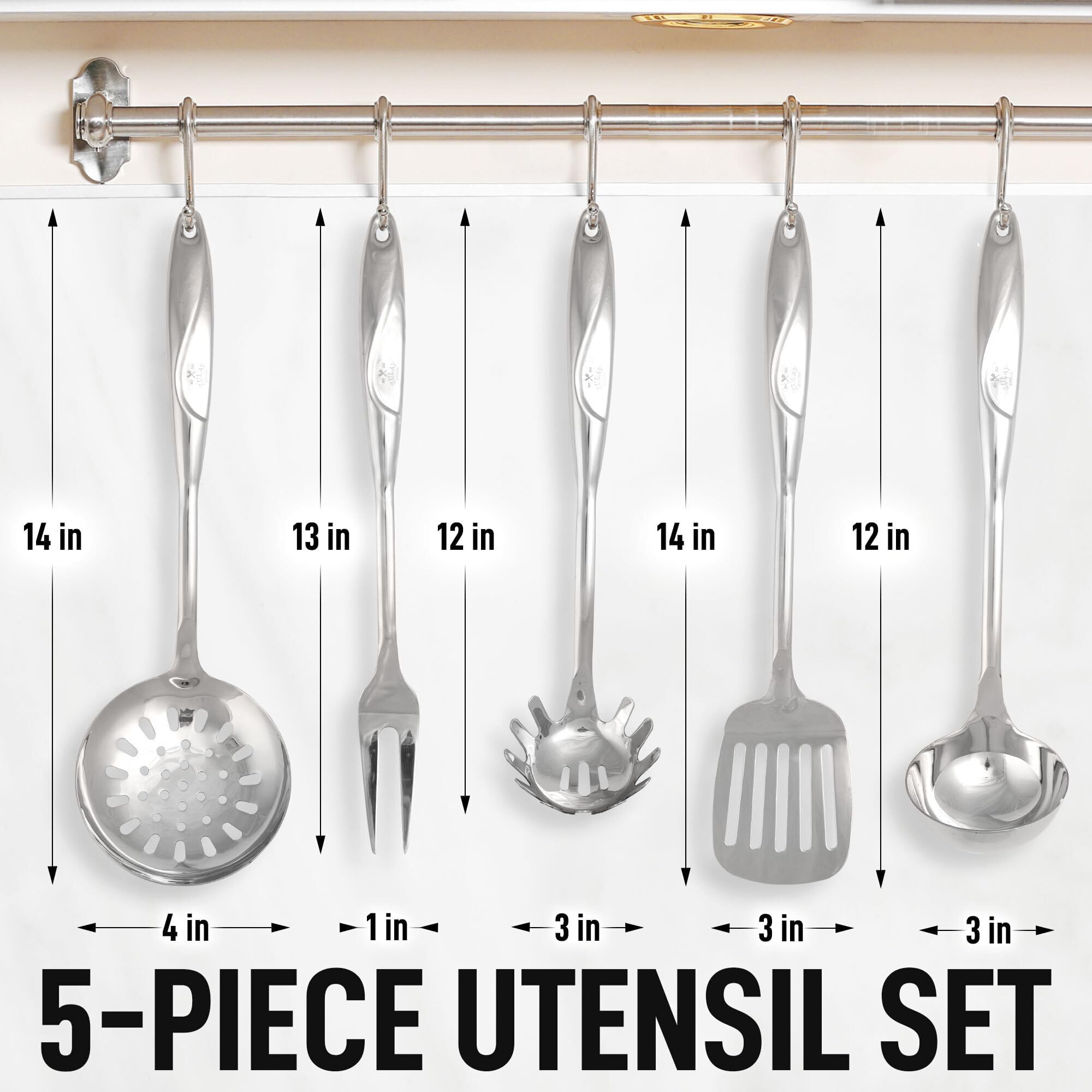 Premium 5-Piece Stainless Steel Kitchen Utensil Set - Durable Cooking Tools with Ergonomic Handles - Non-Slip Metal Spatula, Spoon, Turner & More - Perfect for Frying, Baking & Everyday Cooking - Easy to Clean Kitchen Gadgets for Home Chefs